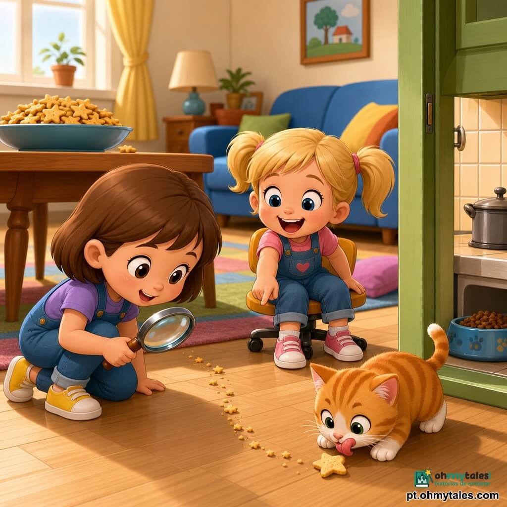 Três personagens: Lia, menina de 3 anos, cabelo castanho curto, agachada à esquerda com uma lupa; Bia, menina de 3 anos, cabelo loiro em rabos, sentada numa cadeira pequena à direita, rindo e apontando um rasto de migalhas; Mingau, gato tigrado laranja e branco de ~1 ano, lambendo os beiços ao lado de um pedaço de biscoito em forma de estrela, em primeiro plano perto da porta da cozinha. Ambiente: cozinha-sala luminosa e acolhedora, chão em madeira clara com tapete colorido, mesa de madeira ao fundo com uma tigela grande de biscoitos estrela e sofá azul com almofadas; porta da cozinha entreaberta mostrando um pote de ração. Situação: as duas pequenas detetives seguem um trilho de migalhas que vai da tigela até o gato; Lia segura a lupa, Bia aponta e ri; atmosfera suave, cores pastel, expressões exageradas e amigáveis, composição centrada no rasto de migalhas.