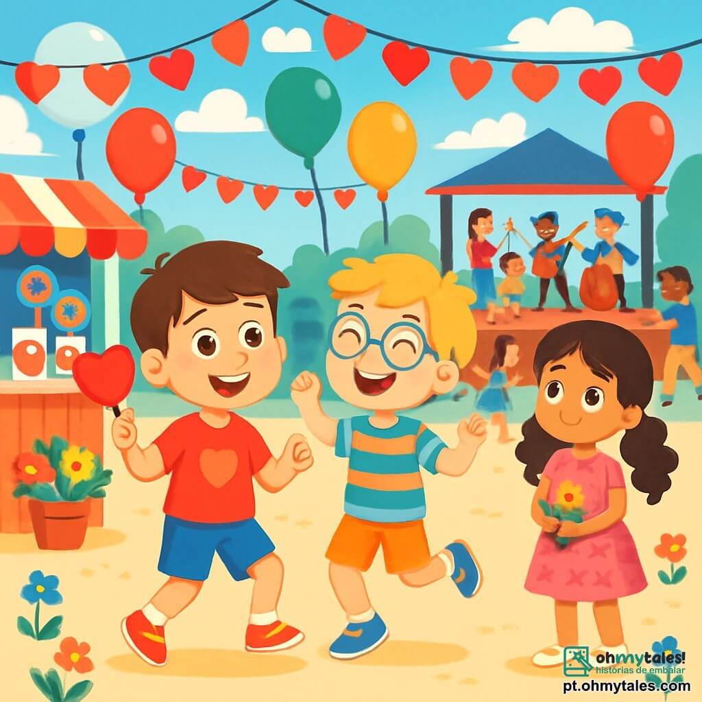 Há 3 personagens: - Miguel: um menino de 8 anos com cabelos castanhos e olhos brilhantes. Ele usa uma camiseta vermelha com um coração e um short azul, sorrindo alegremente enquanto segura um pirulito em forma de coração. - João: um menino de 8 anos, amigo de Miguel, com cabelos loiros e óculos redondos. Ele veste uma camisa listrada colorida e um short, rindo enquanto mostra seus movimentos de dança. - Ana: uma menina de 8 anos com cabelos longos e cacheados, presos em dois coques. Ela usa um vestido rosa com estampas de flores e sapatilhas brancas, um pouco afastada, sorrindo timidamente para Miguel. O local é uma grande praça animada, decorada com guirlandas de corações de papel, balões coloridos flutuando no céu azul e barracas de doces. Famílias e crianças dançam ao redor de um palco onde uma banda toca música alegre, com flores coloridas nas mesas. A cena principal mostra Miguel e João dançando entusiasticamente no meio da festa, cercados por risos e cores vibrantes, enquanto Ana os observa com um sorriso tímido, segurando um pequeno buquê de flores.