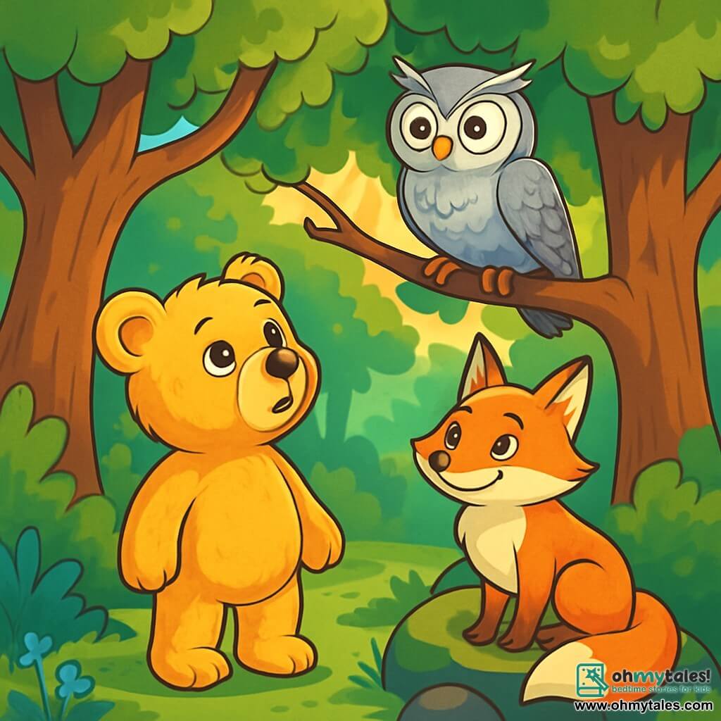 A young teddy bear named Oliver, with soft golden fur and eyes bright like autumn leaves, stands at the center of the scene, displaying an expression of wonder and curiosity. He looks up, fascinated by a wise owl perched on a branch, which has shimmering silver feathers and wise eyes, showing a benevolent and mysterious expression. Nearby, a clever fox with fiery fur and sparkling eyes observes the scene with a mischievous smile, sitting on a moss-covered rock. The setting is an enchanted clearing surrounded by majestic trees with thick trunks and vibrant leaves, where sunlight filters through the foliage, creating bright patterns on the ground. The main situation shows Oliver looking up at the owl, attentively listening to its words of wisdom, while the curious fox approaches to listen as well, adding a touch of magic to this moment of discovery and learning.