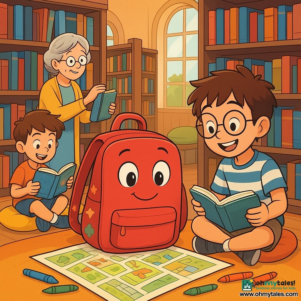 Poppy, a small backpack with bright eyes and a warm smile, stands in the center of a bright library, surrounded by colorful book covers. Her straps are adorned with star and heart designs, and she curiously gazes at a large open book in front of her, her eyes sparkling with excitement and hope. Next to her, Mateo, a boy with messy brown hair and round glasses, flips through a storybook, his face lit up with a joyful smile. He wears a striped t-shirt and shorts, clearly delighted to share this adventure with Poppy. In a corner, Mrs. Hargreaves, an elderly lady with gray hair and glasses perched on her nose, is shelving books. Her face is gentle and kind, smiling as she observes the children, her wrinkled hands telling of many stories lived. The library is spacious, with large windows letting in sunlight, illuminating the dark wooden shelves filled with brightly colored books. Plush cushions are scattered on the floor, creating cozy nooks for reading and dreaming. The main scene shows Poppy and Mateo creating a map on a large piece of paper, surrounded by colored pencils, as they discuss places where people can find help and warmth in their neighborhood. The atmosphere is joyful and full of hope, illustrating the importance of community and solidarity.
