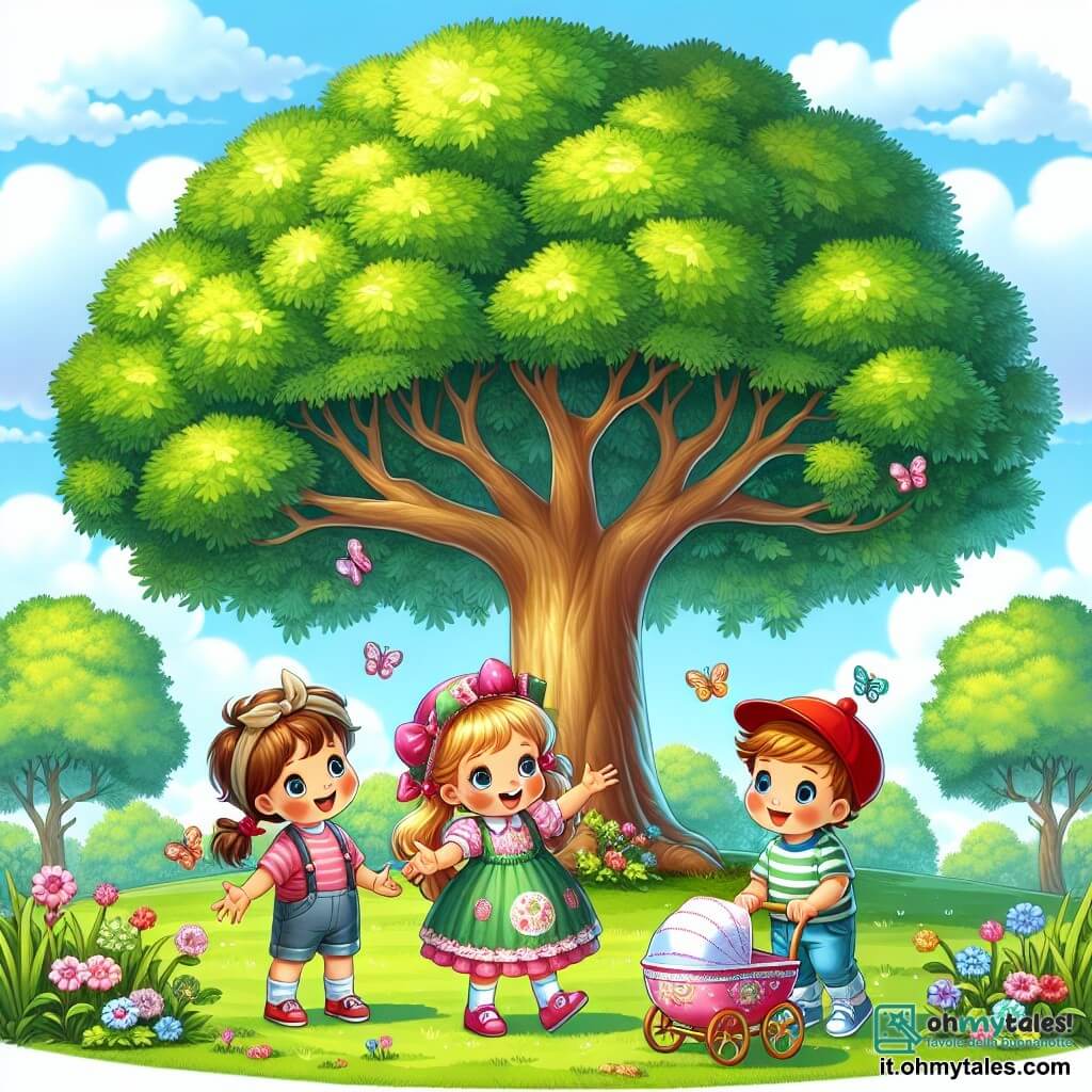 In un grande parco verde, tre bambini sono riuniti attorno a un maestoso albero. Luna, una ragazza di 7 anni con lunghi capelli biondi e un vestito rosa, alza le braccia in aria con meraviglia, gli occhi brillanti. Alla sua destra, Leo, un ragazzo di 8 anni con un cappello rosso e una maglietta a righe, sorride saltellando, pieno di energia. A sinistra, Nina, una bambina di 6 anni con capelli castani raccolti in due codini, spinge delicatamente un piccolo carrozzino decorato con fiori colorati, mostrando un sorriso dolce e curioso. Il luogo è un parco soleggiato, con un cielo blu e nuvole bianche. L'albero, enorme e maestoso, ha un tronco spesso e foglie verdi brillanti che formano una grande ombra sul terreno. I bambini discutono allegramente della bellezza dell'albero, rendendosi conto che rappresenta la loro amicizia e le radici comuni. Si abbracciano e ridono insieme, celebrando il legame speciale che condividono sotto l'ombra protettiva dell'albero.