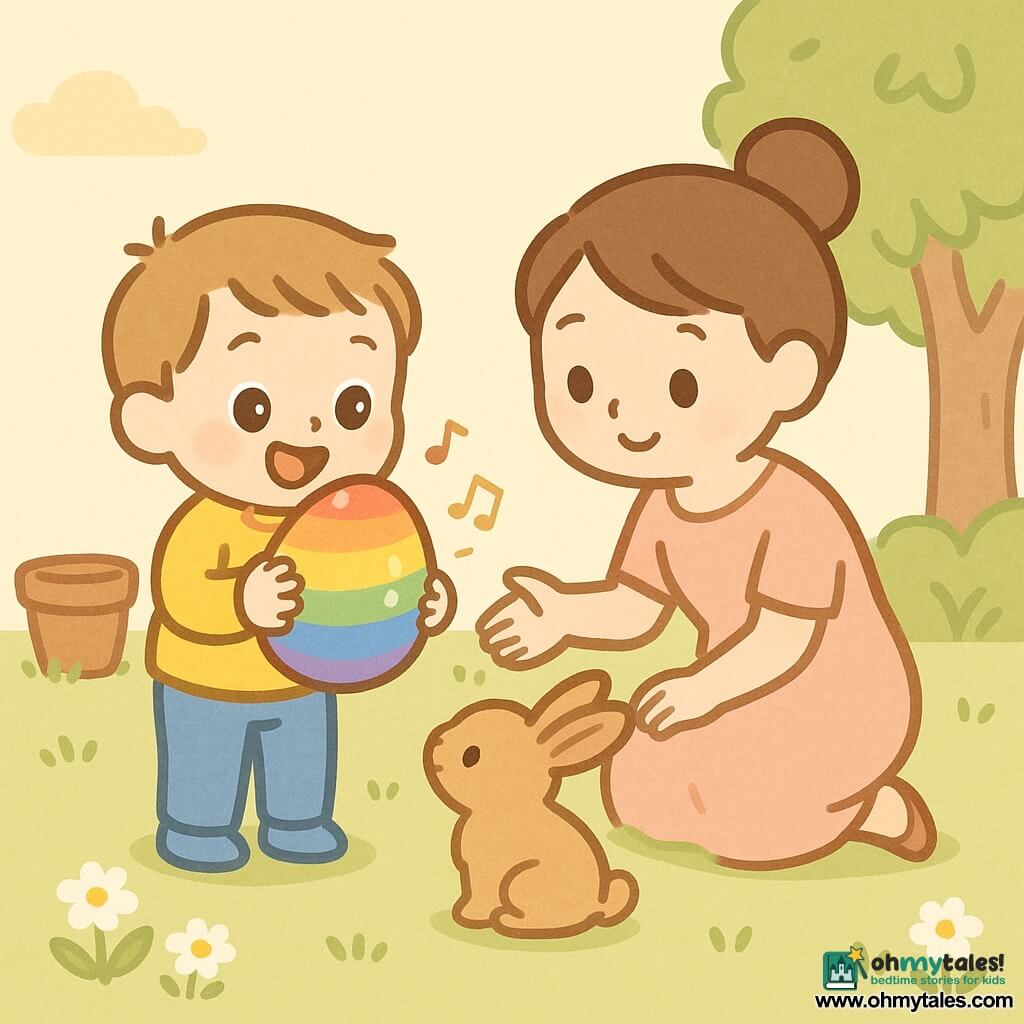 A joyful 4-year-old boy with short light-brown hair and bright round eyes, wearing a bright yellow sweater and blue pants, holds a large smooth shiny rainbow egg against his chest; his smiling mother in her 30s with brown hair in a bun and a pastel dress crouches beside him, reaching out gently; a small fluffy brown rabbit with upright ears sits in front, tilting its head toward the egg; they are in a spring garden of tender green grass and white daisies, a large leafy tree to the right and a terracotta flowerpot to the left, bathed in soft golden morning light; the rainbow egg emits small visual musical notes, creating a pastel, wonder-filled scene.