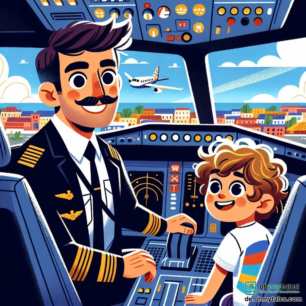 Ein männlicher Pilot namens Herr Müller sitzt im Cockpit eines Flugzeugs und zeigt ein breites Lächeln voller Stolz und Aufregung. Er hat leicht zerzauste braune Haare, einen gepflegten Schnurrbart und trägt eine marineblaue Pilotenjacke mit goldenen Abzeichen. Seine Augen strahlen vor Enthusiasmus, während er durch das Fenster schaut, bereit zum Abheben. Neben ihm sitzt ein etwa 8-jähriger Junge namens Tim mit lockigem, blondem Haar und einem bunten T-Shirt mit Flugzeugmotiv, der fasziniert die Landschaft darunter betrachtet. Er sitzt auf dem Passagiersitz, die Hände auf dem Armaturenbrett, mit weit aufgerissenen Augen vor Freude und Aufregung. Das Cockpit ist mit blinkenden Lichtern und bunten Instrumenten gefüllt, und ein großes Fenster bietet einen spektakulären Blick auf einen strahlend blauen Himmel, der mit flauschigen weißen Wolken übersät ist. Im Hintergrund ist die Stadt Lübeck mit ihren roten Backsteinhäusern und engen Gassen zu sehen, die kleiner werden, je höher das Flugzeug steigt. Die Hauptsituation der Geschichte zeigt Herr Müller und Tim, die bereit sind, in einem sonnigen Himmel mit flauschigen Wolken um sie herum abzuheben, was den Beginn eines großen Luftabenteuers symbolisiert.