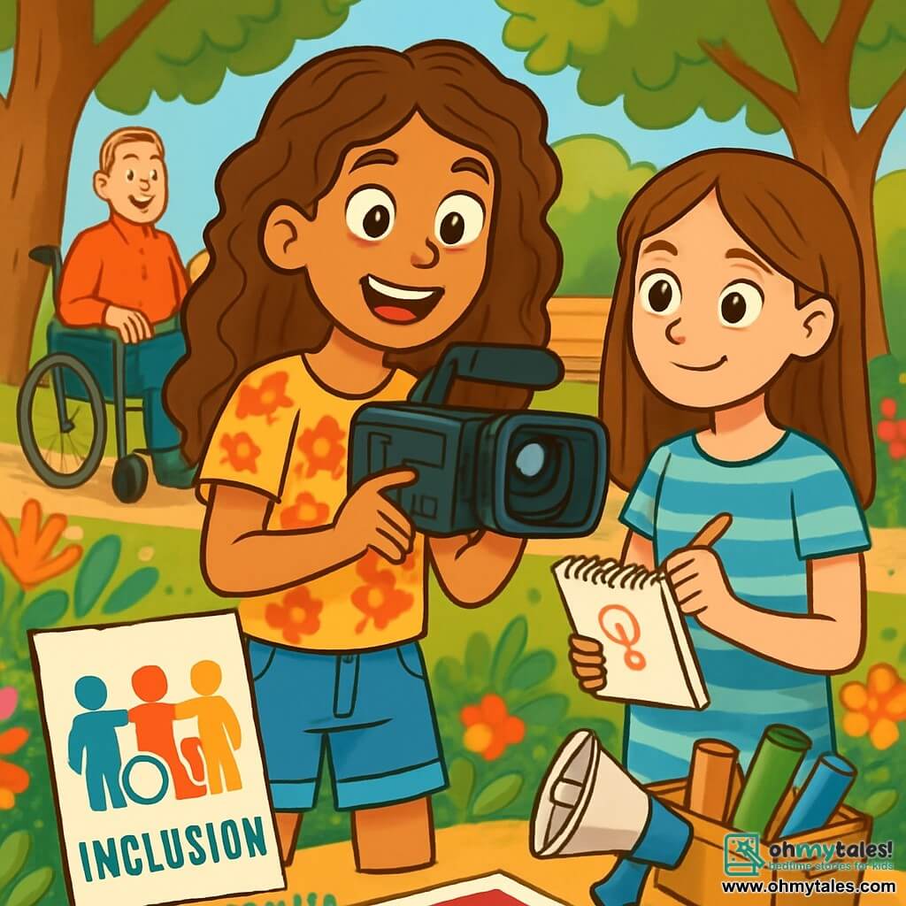 A 12-year-old girl, Mia, with long curly brown hair and sparkling curious eyes, smiles joyfully while holding a camera, ready to film. She wears a colorful t-shirt with floral patterns and denim shorts, showing an expression of excitement and determination. Next to her, Lily, another 12-year-old girl with smooth brown hair, looks on with admiration, holding a sketchbook where she jots down ideas. She wears a striped dress and has a focused yet happy expression. In the background, Mr. Jenkins, a man in his fifties, sits in his wheelchair with a broad smile, surrounded by colorful plants and flowers in a sunny park. The setting is lush with greenery, featuring majestic trees and wooden benches, creating a welcoming and warm atmosphere. The main scene depicts Mia and Lily preparing their project on inclusion, with posters and props around them, illustrating their commitment to raising awareness about disability and the importance of friendship.