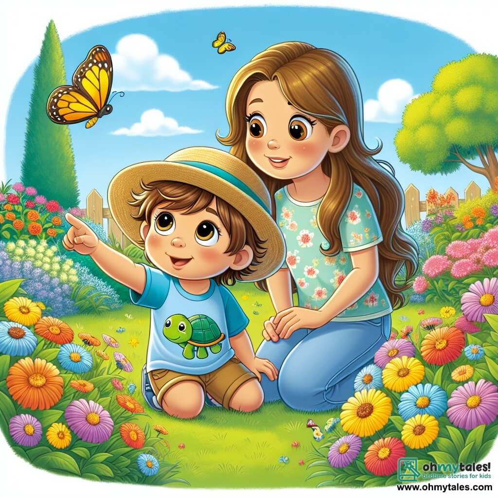 A 4-year-old boy named Tommy, with messy brown hair and sparkling curious eyes, is sitting in a colorful garden surrounded by bright flowers. He is wearing a blue t-shirt with a turtle design and a small straw hat. His face expresses joy and wonder as he points at a beautiful yellow butterfly flying around him. Next to him, his mom, Sara, a woman in her thirties with long brown hair and a warm smile, crouches down to his level. She is wearing a light floral dress and looks at Tommy with tenderness, sharing this magical moment. The garden is filled with multicolored flowers, lush green trees, and a clear blue sky dotted with a few white clouds. A well-kept patch of lawn where they are sitting adds to the peaceful and joyful atmosphere. The main scene shows Tommy and his mom following a butterfly joyfully flying around them, symbolizing hope and the beauty of life, even in moments of fatigue.