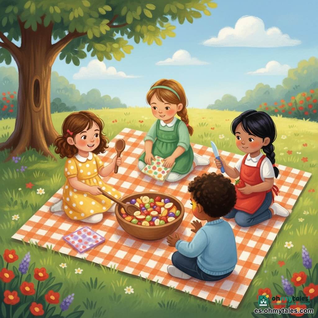 Hay cuatro niñas de 4 años: Lucía, piel clara, cabello castaño rizado en coletas, vestido amarillo de lunares blancos, a la izquierda con una cuchara de madera sonriendo hacia la ensalada de frutas; Ana, piel mestiza, cabello negro liso en trenza, delantal rojo, sentada a la derecha con un cuchillo de plástico mostrando una fresa cortada; María, piel oliva, cabello castaño claro con diadema, vestido verde, agachada arriba del círculo arreglando servilletas; Paula, piel oscura, cabello corto rizado, suéter azul claro, abajo del círculo mezclando la ensalada con una cuchara grande, expresión concentrada que sugiere una percepción del color diferente. Escena en un parque soleado sobre césped con un gran roble a la izquierda, flores rojas y violetas en el borde, mantel de cuadros blanco y naranja, cielo azul con nubes; las cuatro amigas hacen un picnic y preparan en círculo una gran ensalada de frutas en un bol de madera en primer plano con trozos de manzana, fresa, plátano y uva, ambiente cálido, risas y colores vivos en textura de pastel grasoso.