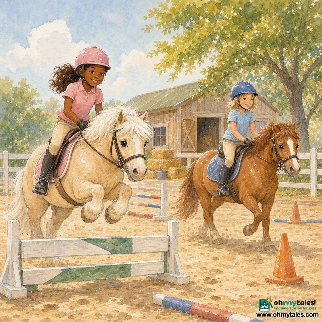 Four main characters: a 9-year-old girl with dark chestnut hair in a ponytail, pink helmet, smiling, seated on Buttercup (cream pony) left of scene looking toward a small jump; a 9-year-old girl with blond bob, blue helmet, focused, seated on Patch (chestnut pony) right of scene guiding him around an orange cone; Buttercup, small cream pony with a white forelock, slightly jumping a small painted white-and-green wooden obstacle center-left; Patch, energetic but calm chestnut with a white blaze, trotting around a cone center-right. Setting: sunny pony arena with low white wooden fences, soft sandy footing with hoof marks, a row of small colorful obstacles (red and blue poles, orange cones), and a light-wood barn, golden hay bales and a lone tree casting a gentle shadow in the background. Main situation: both girls practice a small balance-and-jump course, Buttercup clears the small obstacle quietly while Patch skirts a cone guided by the blond girl’s gaze, atmosphere of cooperation and concentration, calm gestures, smiling faces and fluid pony movement.