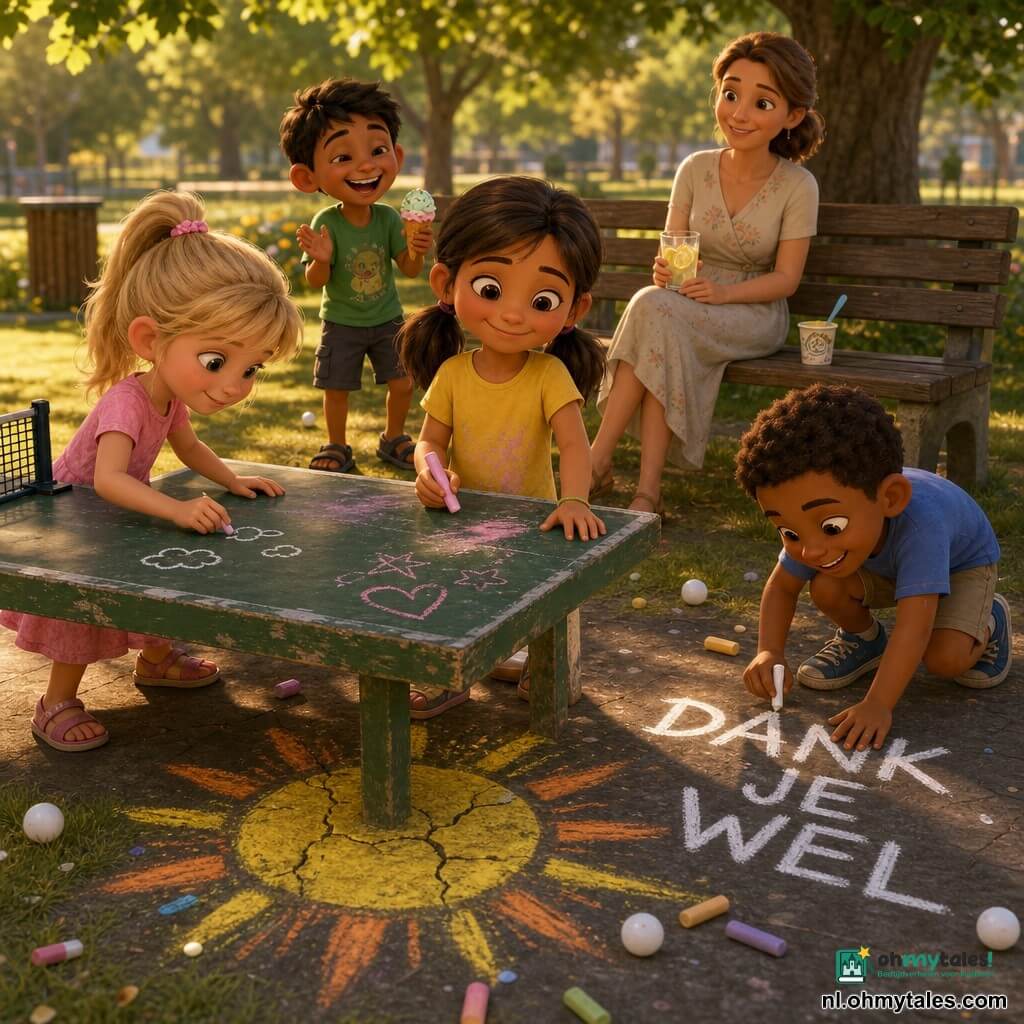 Mila, 6 jaar, bruine couettes, geel krijtbevlekt T‑shirt, hand op de groene pingpongtafel en roze krijt in de andere hand; Noor, circa 6, blonde paardenstaart, roze jurkje, tekent kleine wolkjes met krijt links van Mila; Bram, circa 7, kort bruin haar, blauw T‑shirt, schrijft DANK JE WEL in grote witte letters op de grond rechts van de tafel; Sem, circa 6, sandalen en groen T‑shirt, lacht en klapt met een smeltend ijsje in de ene hand en zijn beker op de bank achter de tafel; de moeder, haar opgestoken, lichte jurk, zit op een bank achteraan, kijkt vriendelijk en houdt een glas citroenwater; locatie: zonnig park met goudkleurig gras, groen loof dat vlekkerige schaduw werpt, versleten groene pingpongtafel in het midden, houten bankjes en grote gekleurde krijtstrepen op de grond (gele zon, oranje stralen); situatie: mini‑toernooi en afscheidfeest rond de pingpongtafel, kinderen spelen en tekenen met krijt, gelach, heldere witte ballen op het gazon en de grote inscriptie DANK JE WEL omringd door een gebarsten zon.