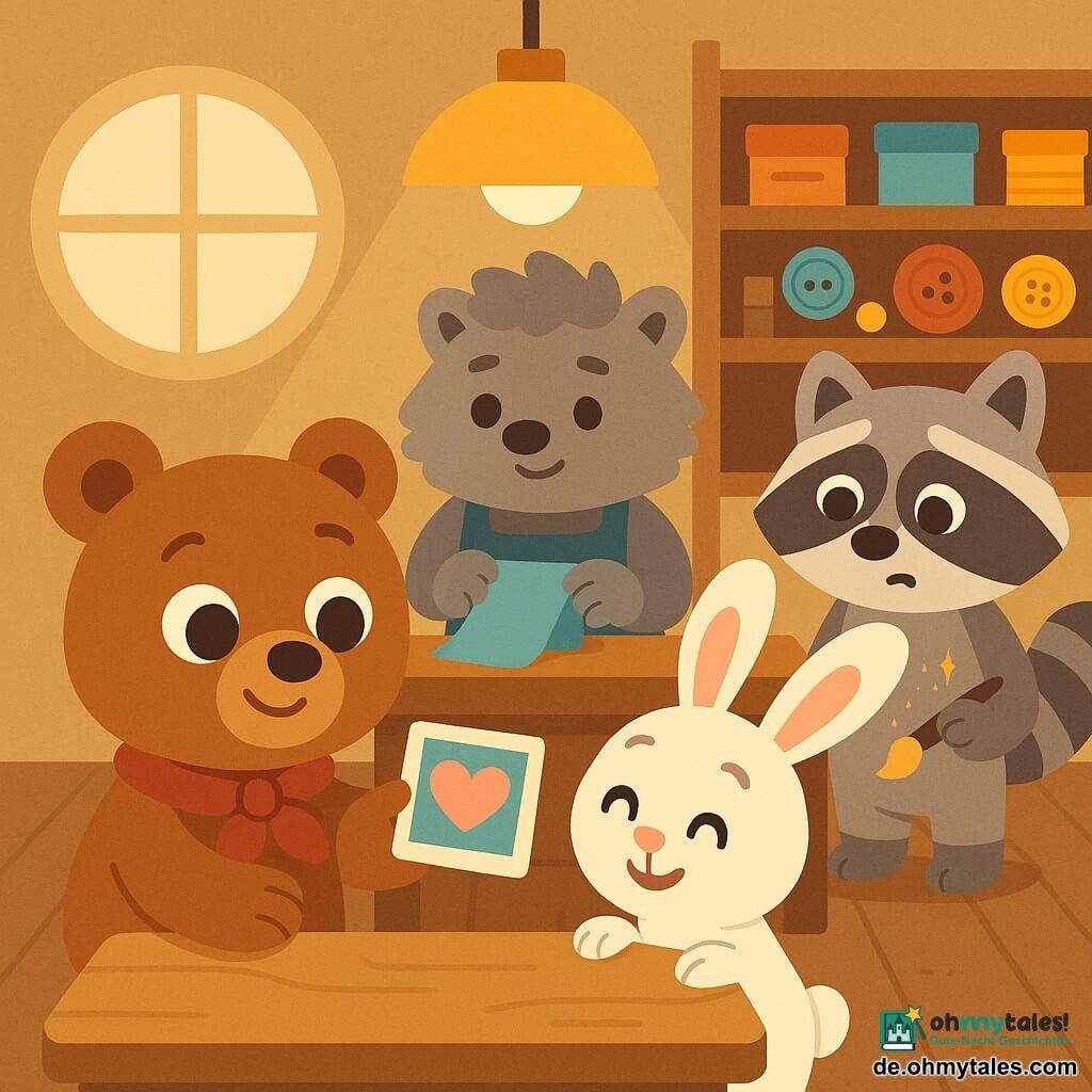 Ein runder, zärtlicher brauner Teddybär mit neugierig-fröhlichem Blick und rotem Detektivschal hält vorsichtig ein kleines quadratisches Foto und zeigt es der dankbaren, lächelnden weißen Häsin mit rosafarbenen Ohren, während ein ernstwohlwollender grauer Igel hinter einem Holztisch ein Stück Stoff hält und ein etwas verlegener, gestreifter Waschbär mit Pinsel und Glitzer nahe einem Regal steht; alles spielt sich in einer warmen Hinterstubenwerkstatt mit Holzregalen voller bunter Kästchen, Knöpfen und Garn, einer gelben Hängelampe und einer runden Fensteröffnung ab, die eine sanfte, freundliche Enthüllungsszene mit zentraler Komposition, klaren Linien und kindgerechten Formen zeigt.