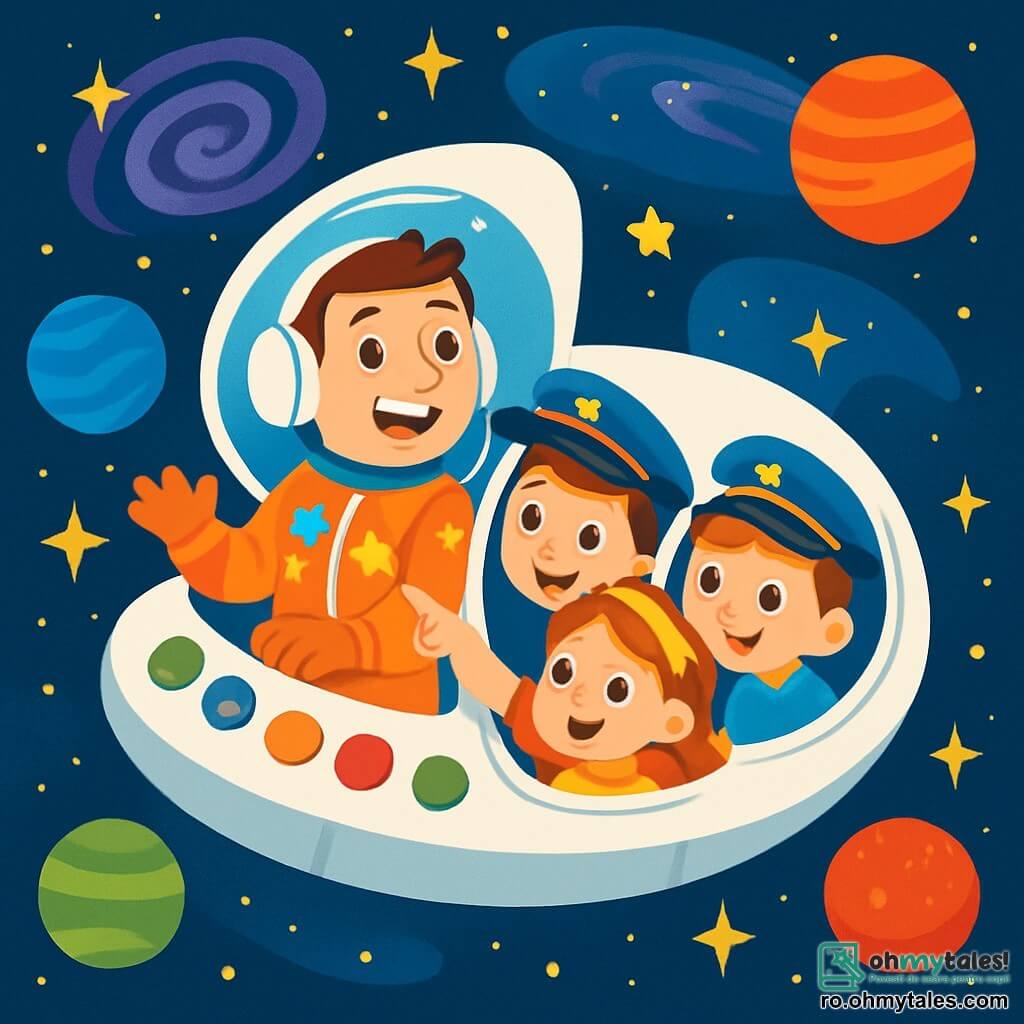 Un bărbat, Călin, zâmbitor și entuziast, poartă un costum de astronaut strălucitor, cu stele și planete desenate pe el. El este așezat în cockpitul navetei sale spațiale rotunde, înconjurat de butoane colorate care clipește. Lângă el, trei copii, doi băieți de 7 ani și o fetiță de 6 ani, cu ochii strălucind de curiozitate, se uită pe geamurile navei. Băieții poartă șepci de pilot, iar fetița are o bentiță cu stele. Scena se desfășoară în spațiu, cu un fundal de galaxii spirale și stele scintilante. Nava plutește printre planete de culori vii, precum albastru, roșu și verde. Călin, cu un zâmbet larg, le explică copiilor cum să piloteze nava, în timp ce ei râd și arată cu degetul minunile universului.