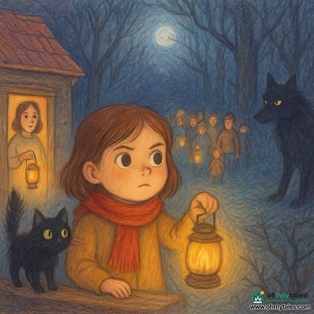 A brave six-year-old girl named Clara stares toward the forest, eyes bright, cheeks round, wearing a red scarf and holding a small flickering golden lamp; a black cat, Whiskers, with bristled fur and plume tail watches from the windowsill; an adult man (around 35) stands in the street with a lit torch in a protective posture to the right of the house while a worried but relieved woman (around 30) appears in the doorway holding a lantern to the left; villagers with lamps form a ring of light advancing toward the treeline where the Big Bad Wolf stands at the forest edge, a dark silhouette with glossy black fur and piercing yellow eyes recoiling into the shadow of gnarled trees; the night scene by a small wooden house features light ground mist, a pale moon, and a soft colored-pencil palette—warm tones for lamps and house, cool deep tones for the forest and wolf—as Clara blinks her lamp to signal, the golden light hits the wolf and triggers the village lamps to flare, driving back the darkness.