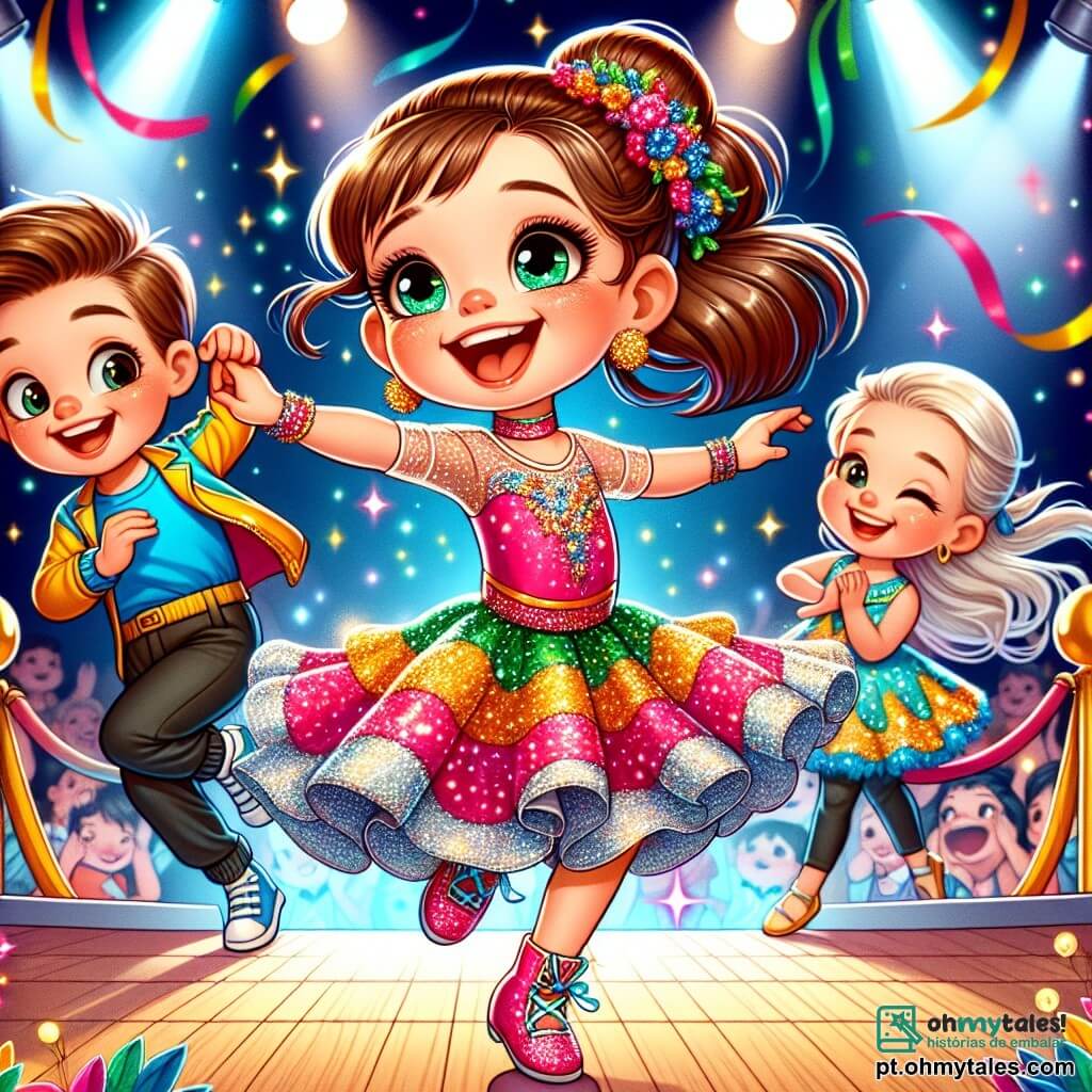 Uma menina de 8 anos, chamada Maria, dança alegremente em um palco de madeira, vestida com um lindo traje colorido cheio de brilhos. Seu rosto irradia felicidade e empolgação, seus cabelos castanhos estão presos em um coque alto, e seus olhos brilhantes cintilam sob as luzes do espetáculo. Ao lado dela, um menino de 8 anos, Felipe, usa uma camiseta azul e uma calça preta. Ele sorri amplamente, pronto para incentivá-la, com movimentos de dança enérgicos. Um pouco atrás, Ana, outra menina de 8 anos, faz gestos de dança, com seus cabelos longos flutuando ao seu redor, enquanto João, um menino de 8 anos, se prepara para fazer uma pirueta, ambos exibindo expressões alegres. O palco é decorado com guirlandas coloridas e balões, com um público entusiasmado ao fundo, aplaudindo e sorrindo. As luzes brilhantes iluminam o palco, criando uma atmosfera festiva e dinâmica. A cena principal mostra Maria e seus amigos dançando juntos, unidos pela amizade e alegria, enquanto se preparam para apresentar sua performance no palco, cheios de energia e determinação.