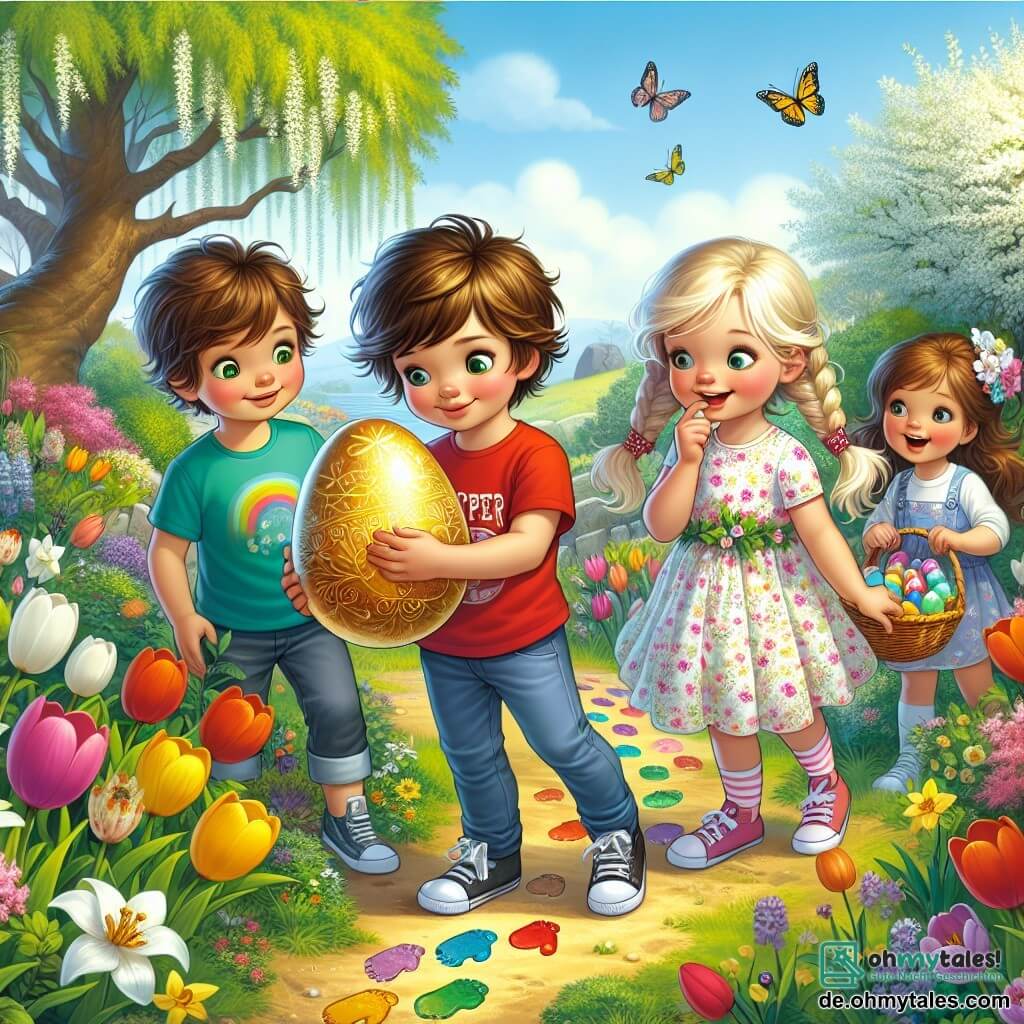 Vier Kinder stehen in einem sonnigen Garten, umgeben von bunten Blumen und grünen Bäumen. Max, ein 8-jähriger Junge mit zerzausten braunen Haaren und einem roten T-Shirt, hält ein glänzendes goldenes Ei in seinen Händen, seine Augen strahlen vor Aufregung. Neben ihm schaut Mia, ein 7-jähriges Mädchen mit geflochtenen blonden Haaren und einem Blumenkleid, das Ei bewundernd an. Leo, ein 9-jähriger Junge mit braunen Haaren und einer blauen Mütze, zeigt auf bunte Fußabdrücke am Boden, während Emma, ein 6-jähriges Mädchen mit lockigen braunen Haaren und einem rosa Rock, fröhlich lacht und einen kleinen Korb mit bemalten Eiern hält. Der Garten ist voller lebendiger Farben, mit Tulpen, Narzissen und Schmetterlingen, die um sie herumfliegen. Im Hintergrund steht ein majestätischer großer Baum mit blühenden weißen Ästen. Die Kinder entdecken ein geheimnisvolles Ei und folgen bunten Fußabdrücken auf einem Abenteuer zur Ostereiersuche, voller Überraschungen und Lachen.