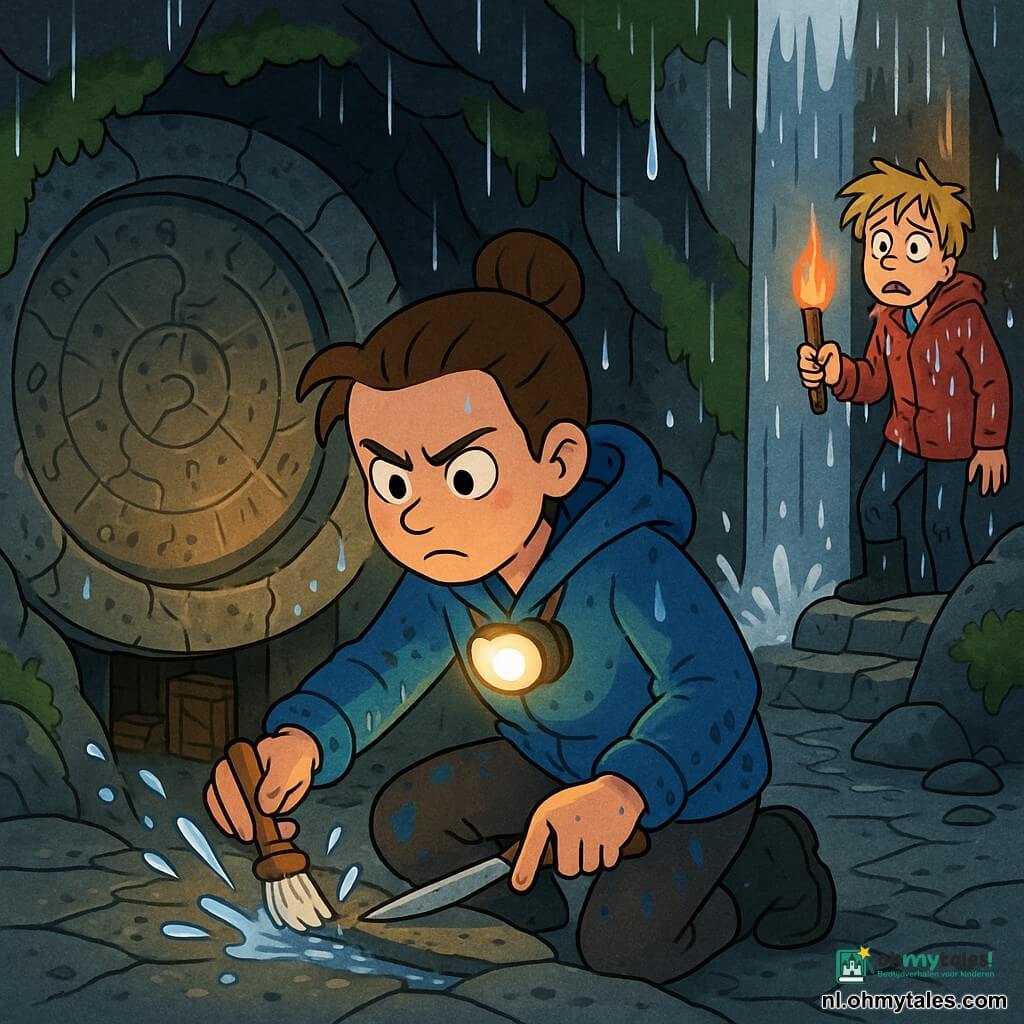 Een vastberaden, geconcentreerde meisje-ontdekkingsreiziger met samengeknepen wenkbrauwen en bruin haar in een knot, in een blauwe regenjas met waterdruppels, poetst met een klein penseel en mes de rand van een ronde stenen deur terwijl haar hoofdlamp op haar borst brandt; een natte, licht geschrokken tienerjongen met warrig blond haar en een druipende rode jas houdt rechtsachter een fakkel onder de waterval en staat iets terug op een rotsachtige trede; locatie: een rotsniche achter een dikke zilveren waterval, zwarte mosbedekte wanden, glibberige gebarsten steenplaten, een donkere opening naar een stenen gang met houten kisten; de hoofdscène toont het meisje dat de cirkelvormige groef van de deur vrijmaakt om de steen te laten schuiven, spattend water, koude damp en warm fakkellicht dat oude gravures in de steen onthult.