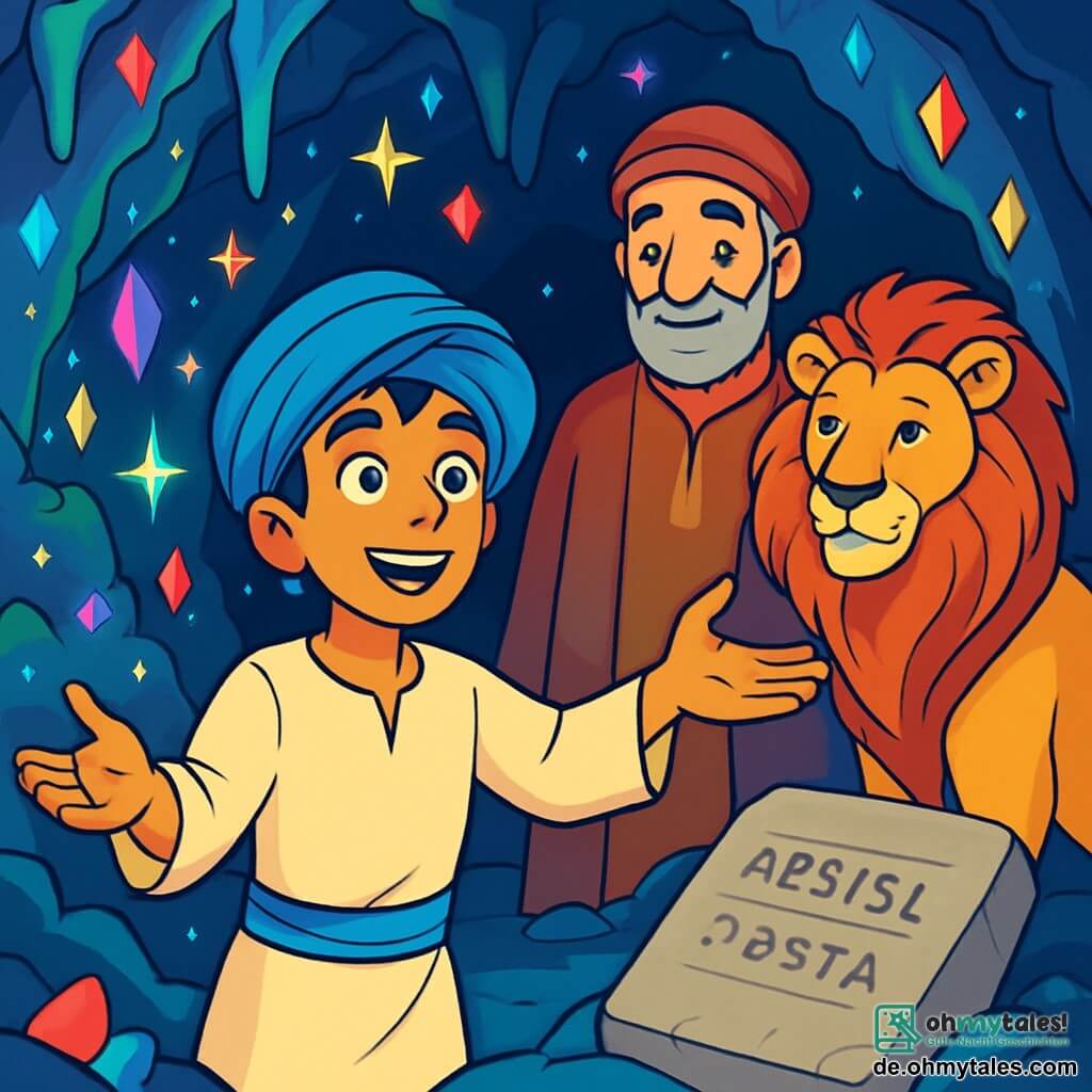 Amir, ein junger Mann mit funkelnden Augen und goldenem Teint, steht im Zentrum der Szene, geblendet von der Schönheit der Höhle. Er trägt einen leuchtend blauen Turban und eine leichte Leinenrobe, seine Arme weit geöffnet, voller Staunen und Neugier. Neben ihm steht Rashid, ein mittelalter Mann mit grauem Bart und warmem Lächeln, leicht im Hintergrund, stolz auf Amir, gekleidet in ein traditionelles Gewand in erdigen Farben. Im Schatten steht ein majestätischer Löwe mit schimmerndem Fell und einer prachtvollen Mähne, dessen Augen weise leuchten, als ob er über die beiden Männer wacht. Die Höhle ist erleuchtet von tausenden funkelnden Kristallen, die das Licht der Sterne reflektieren und ein märchenhaftes Farbenspiel an den Wänden erzeugen. Glitzernde Stalaktiten hängen von der Decke, während ein sanfter, frischer Wind einen Hauch von Abenteuer bringt. In dieser Szene entdeckt Amir die Prophezeiung, die auf einem alten Stein eingraviert ist, während Rashid und der Löwe ihn ermutigen, die wahre Bedeutung seiner Reise zu verstehen.