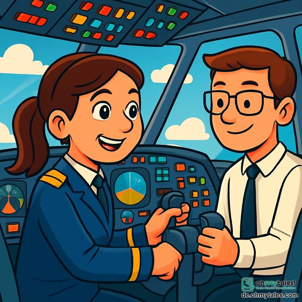 Eine Pilotin, Lara, sitzt im Cockpit eines Flugzeugs, ihr Gesicht strahlt vor Stolz und Konzentration. Sie trägt einen dunkelblauen Pilotenanzug mit goldenen Schulterstücken, die im Licht des Cockpits glänzen. Ihre braunen Haare sind zu einem ordentlichen Pferdeschwanz gebunden, und ihre Augen funkeln vor Aufregung, während sie das Flugzeug durch die Wolken steuert. Neben ihr sitzt der Co-Pilot Tim, etwa 30 Jahre alt, mit einem freundlichen Lächeln, der ein weißes Hemd mit einer schwarzen Krawatte trägt. Er überprüft die Fluginstrumente, während seine Brille leicht auf seiner Nase rutscht. Das Cockpit ist mit bunten Instrumenten, blinkenden Knöpfen und leuchtenden Bildschirmen gefüllt, die einen spektakulären Blick auf den blauen Himmel durch die großen Fenster bieten. Unter ihnen schweben weiße, flauschige Wolken und schaffen einen schönen Kontrast zum azurblauen Himmel. Die Hauptsituation zeigt Lara und Tim in Aktion, während sie durch leichte Turbulenzen navigieren. Lara stellt mit Entschlossenheit das Steuer ein, während Tim die Instrumente überwacht, beide konzentriert auf ihre Mission, sicher zu fliegen.