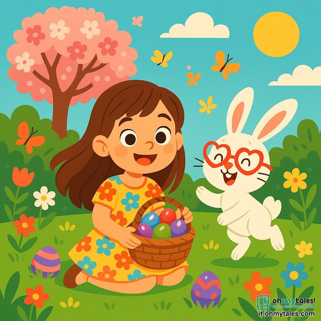 Una bambina di 6 anni, Alice, con lunghi capelli castani e occhi pieni di curiosità, è seduta sull'erba verde del giardino, con un ampio sorriso sul volto. Indossa un vestito a fiori colorati e tiene un cesto di vimini pieno di uova di cioccolato lucenti. Accanto a lei c'è un adorabile coniglietto di nome Cioccolato, con un pelo bianco splendente e occhiali a forma di cuore, che salta gioiosamente. È leggermente più piccolo di Alice e sembra molto entusiasta, con le grandi orecchie dritte. Il giardino è pieno di fiori multicolori, farfalle che svolazzano e un grande ciliegio in fiore sullo sfondo, creando un'atmosfera magica e primaverile. La scena mostra Alice e Cioccolato che cercano uova di cioccolato nascoste tra i fiori, con espressioni di gioia ed eccitazione sui loro volti, mentre il sole splende dolcemente, illuminando il giardino con una luce dorata.