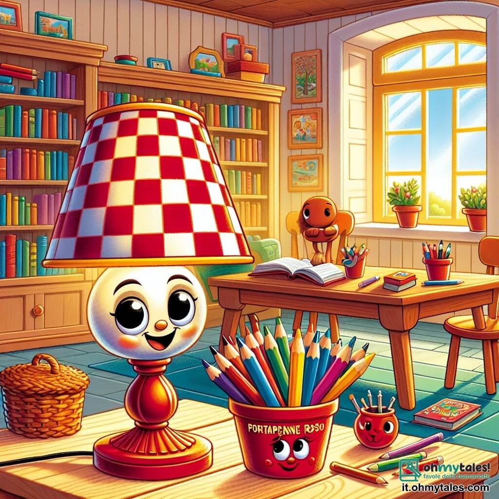 Luca, una lampada da tavolo con un paralume a quadretti rossi e bianchi, illumina un angolo della biblioteca con un sorriso caloroso. I suoi occhi rotondi e brillanti mostrano curiosità e voglia di aiutare. Accanto a lui, la Sedia Allegra, una sedia in legno colorata con un cuscino morbido, ascolta attentamente e sembra entusiasta, pronta a condividere idee. In un angolo, il Portapenne Rosso, un piccolo vaso in ceramica rossa, è pieno di matite colorate, apparendo determinato e concentrato. Il luogo è una biblioteca accogliente, con pareti in legno chiaro e scaffali pieni di libri colorati, illuminata da raggi di sole che filtrano dalle finestre. La scena principale mostra Luca e i suoi amici che discutono attorno a un grande tavolo in legno, condividendo storie e idee per aiutare chi ha meno, con sorrisi e gesti animati, pieni di speranza e solidarietà.