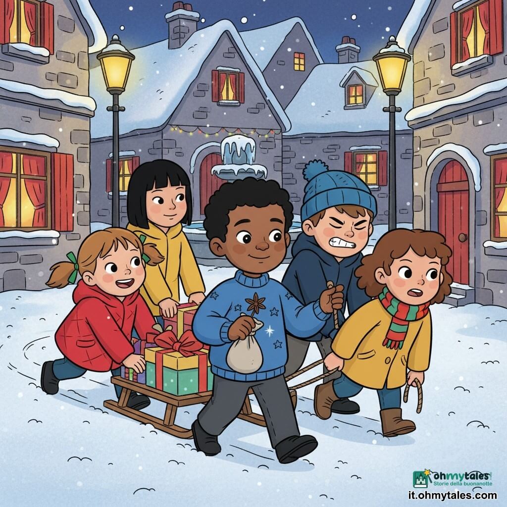 Cinque bambini spingono e tirano insieme una piccola slitta carica di pacchi in una stretta via di paese innevata di notte: Lila, circa 5 anni, codini e cappotto rosso sorride spingendo davanti a sinistra; Tommi, circa 5 anni, berretto grande e cappotto blu spinge dietro a destra facendo una smorfia; Nora, circa 5 anni, capelli ricci e sciarpa multicolore tiene la corda davanti a destra con determinazione; Samir, circa 6 anni, pelle olivastra e maglione blu con stelline cammina al centro sinistra mostrando con la mano destra una stella di anice; Mei, circa 6 anni, capelli neri e cappotto giallo tiene la corda a sinistra e guarda gli altri con gratitudine; atmosfera natalizia accogliente con luci calde dai lampioni, case di pietra innevate, finestre decorate e una fontana gelata sullo sfondo, colori caldi che contrastano con la neve bianca.
