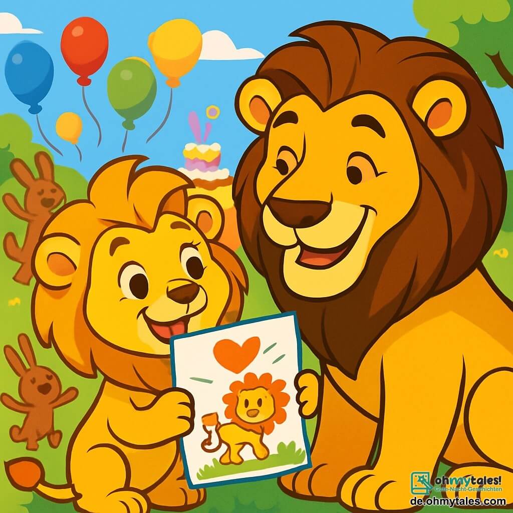 Ein kleiner fröhlicher Löwe mit einer goldenen Mähne und funkelnden Augen hält stolz ein buntes Bild in seinen Pfoten. Neben ihm schaut ein großer, muskulöser und liebevoller Papa-Löwe mit einem warmen Lächeln auf seinen Sohn, dessen Augen vor Zärtlichkeit strahlen. Im Hintergrund findet in einem sonnigen Park ein lebhaftes Fest statt, gefüllt mit bunten Ballons, Tischen voller Kuchen und tierförmigen Keksen. Tiere aller Art, wie Hasen und Affen, tanzen und lachen um sie herum und schaffen eine fröhliche, festliche Atmosphäre. Die Hauptszene zeigt, wie der kleine Löwe seinem Papa sein Bild präsentiert, umgeben von Lachen und lebhaften Farben, während sie gemeinsam den Vatertag mit Liebe und Glück feiern.