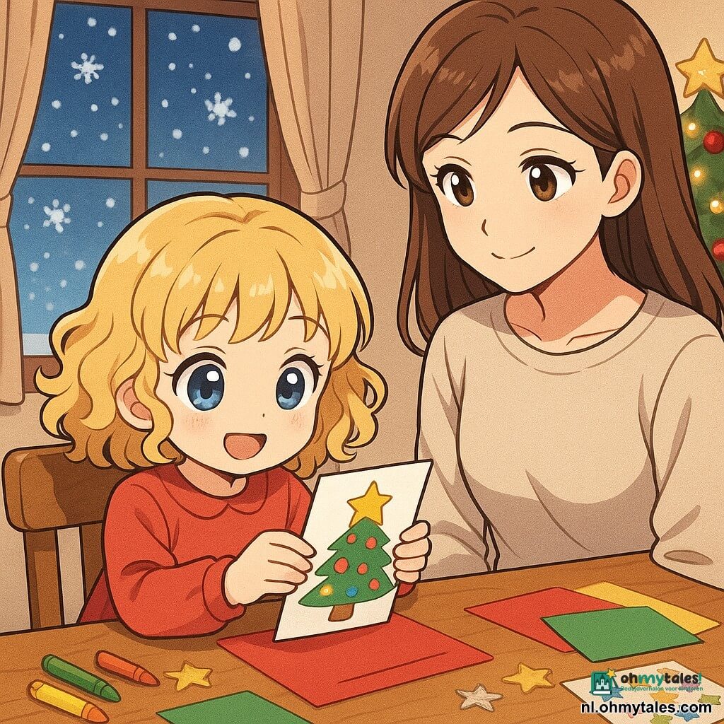 Een vierjarig meisje, Lotte, met grote fonkelende ogen en blonde krullen, zit blij en geconcentreerd aan een tafel. Ze houdt een kleurrijke kerstkaart in haar kleine handen. Naast haar staat haar moeder, een vrouw van ongeveer 30 jaar met bruin haar en een zachte glimlach, die haar liefdevol observeert. De kamer is warm, met een grote raam waardoor zachtjes vallende sneeuwvlokken te zien zijn. Een houten tafel is bedekt met kleurrijk papier, potloden en glinsterende stickers. De hoofdsituatie toont Lotte terwijl ze een gouden ster op haar kaart plakt, verlicht door de fonkelende lichtjes van een versierde kerstboom in de hoek van de kamer.