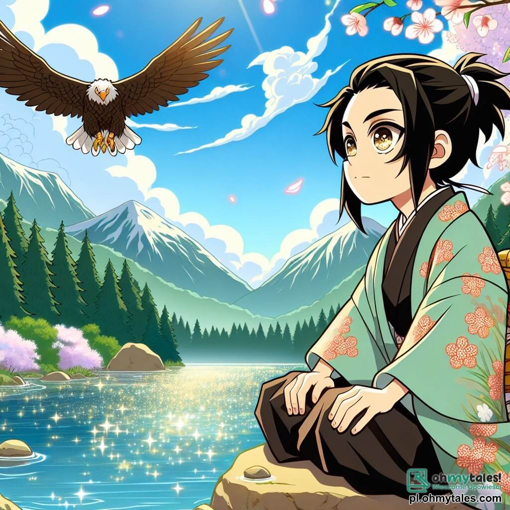 Haruto, mężczyzna w wieku około 30 lat, stoi nad lśniącym jeziorem, jego oczy błyszczą ciekawością i zachwytem. Ma na sobie tradycyjny kimono w kwiaty wiśni, a jego czarne włosy są związane w kucyk. Siedzi na głazie, ręce ma na kolanach, uważnie słuchając łagodnych szeptów natury. W pobliżu majestatyczna kula, symbol mądrości, unosi się na niebie, jej złote pióra błyszczą w słońcu. Ptakiem jest majestatyczny orzeł, który wydaje się obserwować Haruto z życzliwością, gotowy przekazać mu mądrość. Tło jest czarujące: zielone góry w oddali, a wokół jeziora kwitnące wiśnie, których różowe płatki opadają jak śnieg. Niebo jest jasnoniebieskie, z puszystymi białymi chmurami. W tej scenie Haruto medytuje, próbując zrozumieć kojące dźwięki natury, podczas gdy orzeł, symbol wolności i mądrości, unosi się nad nim, tworząc atmosferę spokoju i magii.