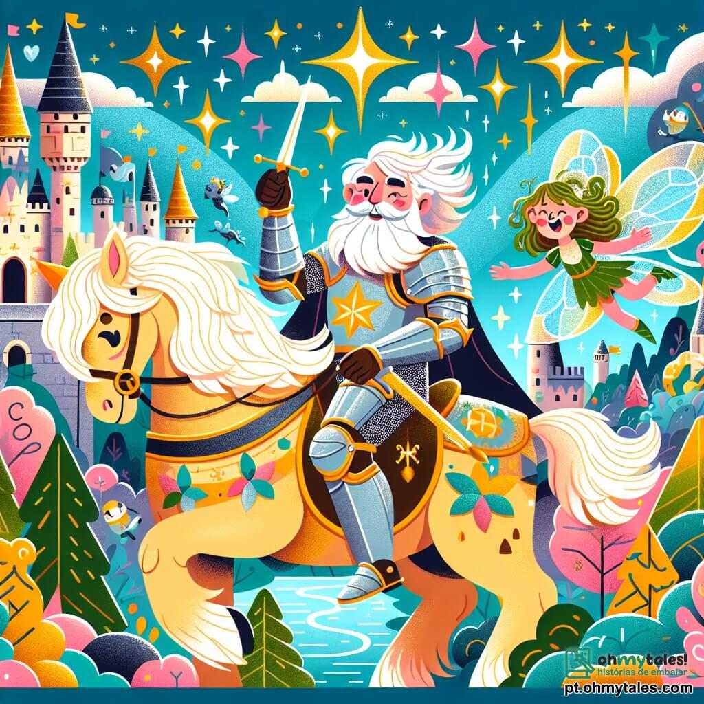 Um cavaleiro idoso, Sir Luiz, com uma longa barba branca e um sorriso caloroso, veste uma armadura brilhante decorada com padrões estrelados. Ele está em seu cavalo Pompom, um bonito pônei de pelagem dourada, e olha com determinação para a floresta encantada. Ao seu lado, uma pequena fada com asas cintilantes, cabelos cacheados e um vestido verde, voa alegremente, pronta para acompanhá-lo em sua aventura. A cena se passa diante de um castelo de pedra, com torres pontudas e bandeiras flutuantes, enquanto a floresta mágica, cheia de árvores coloridas e flores luminosas, se estende até o horizonte. Sir Luiz, com coragem e esperança, se prepara para entrar na floresta em busca do remédio que devolverá o sorriso aos animais do reino.