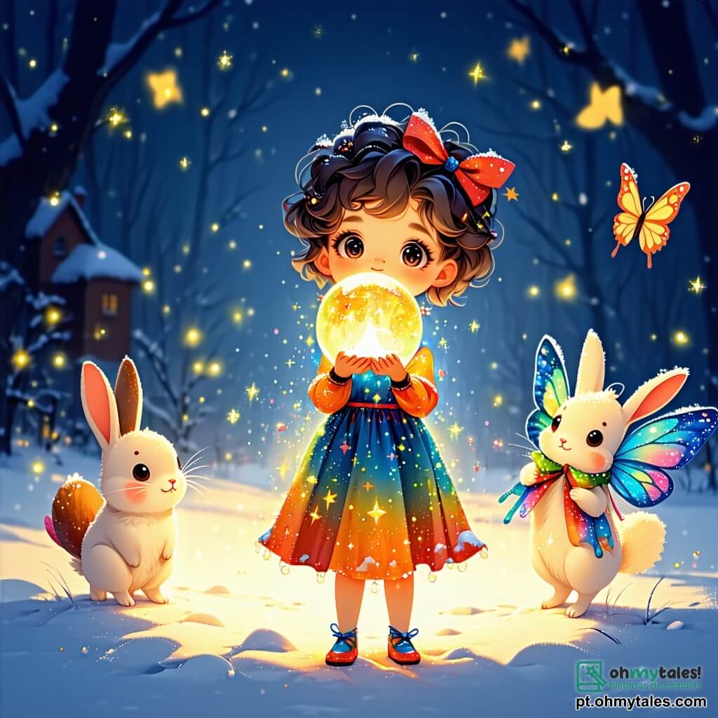Uma menina de 6 anos, Luna, com cabelos cacheados e olhos brilhantes, está no centro da imagem, com o rosto iluminado pelo encanto. Ela usa um vestido colorido decorado com padrões de estrelas e segura uma bola de neve flutuante em suas mãos, cercada por um brilho dourado. Ao seu lado, Jubi, uma criatura amigável do tamanho de um coelho com asas de borboleta coloridas, voa alegremente, exibindo um grande sorriso. O cenário é uma floresta encantada, onde árvores com troncos cintilantes têm portas e janelas, e flores cantam suavemente ao ritmo do vento. Ao fundo, um castelo de cristal com cores vibrantes se ergue majestoso, cercado por pequenos dragões usando óculos e lendo livros. A cena principal mostra Luna e Jubi prontos para ativar o misterioso Artefato do Tempo, que flutua entre eles, iluminando a cena com uma luz mágica, enquanto engrenagens dançam ao seu redor, fundindo magia e ciência em um momento de aventura cativante.