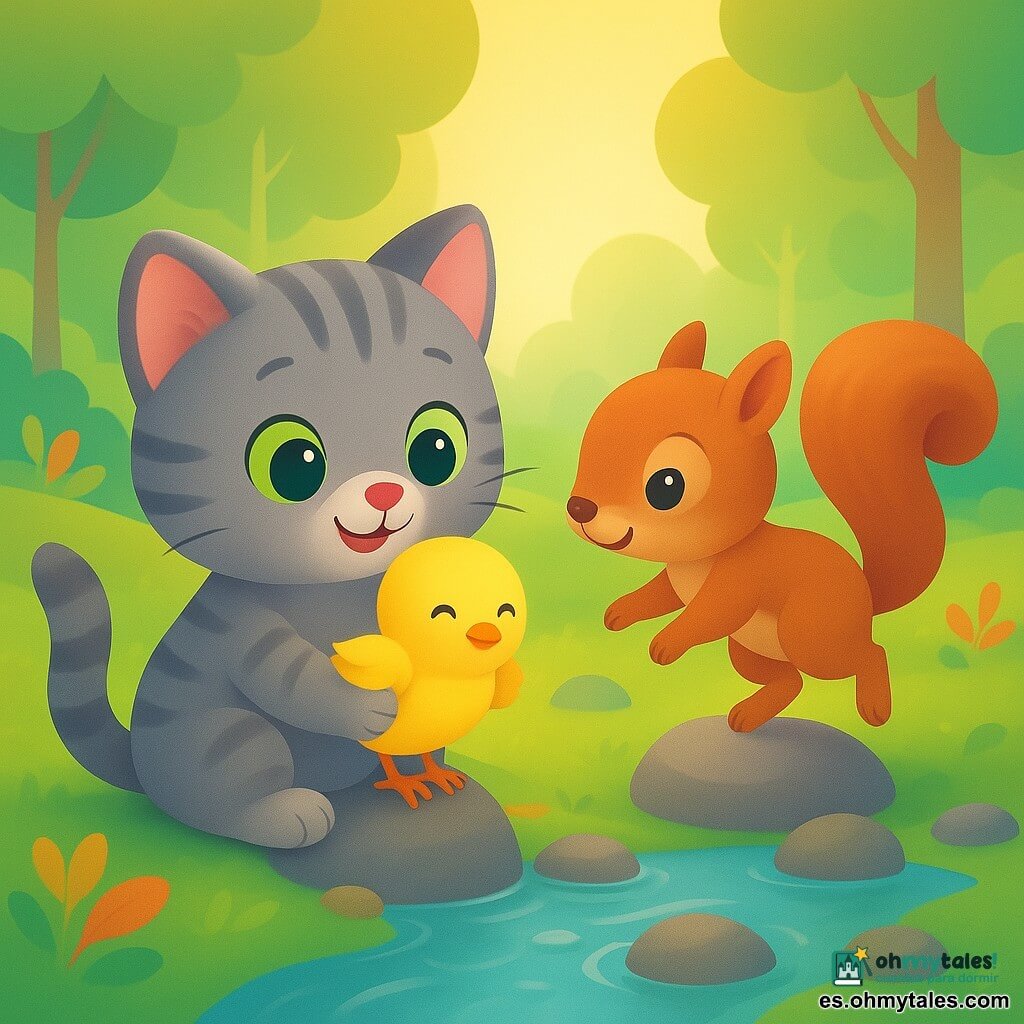 Un gatito llamado Pepe, gris atigrado de pelaje suave y brillante y ojos verdes grandes, sostiene delicadamente un pajarito; una ardilla parda llamada Lola, de pelaje rojizo y mirada traviesa, salta sobre una piedra cercana sonriendo; el pajarito amarillo de cabeza redonda y plumón bate suavemente las alas sobre una piedra entre ellos; la escena ocurre en un claro de bosque luminoso con hierba verde, hojas coloridas, piedras mojadas y un riachuelo brillante; ambiente tierno, colores cálidos y composición simple y centrada, adecuada para un niño de 2 años.
