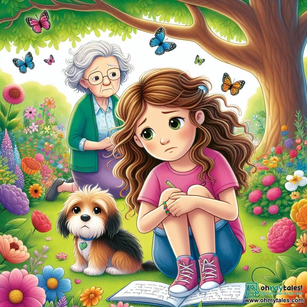 A 12-year-old girl, Emma, with wavy brown hair and eyes shining with sadness, is sitting on a green lawn surrounded by colorful flowers. She wears a pink t-shirt and denim shorts, holding a small notebook in her hands, her gaze lost in thought. Next to her, her grandmother, an elderly woman with gray hair and a gentle smile, leans slightly toward Emma, offering comforting support. In the background, a majestic oak tree provides shade, its branches extending like protective arms. The scene takes place in a sunny garden filled with vibrant flowers and a peaceful atmosphere. Emma writes memories of her beloved dog, Max, in her notebook, while colorful butterflies dance around them, symbolizing love and memory.
