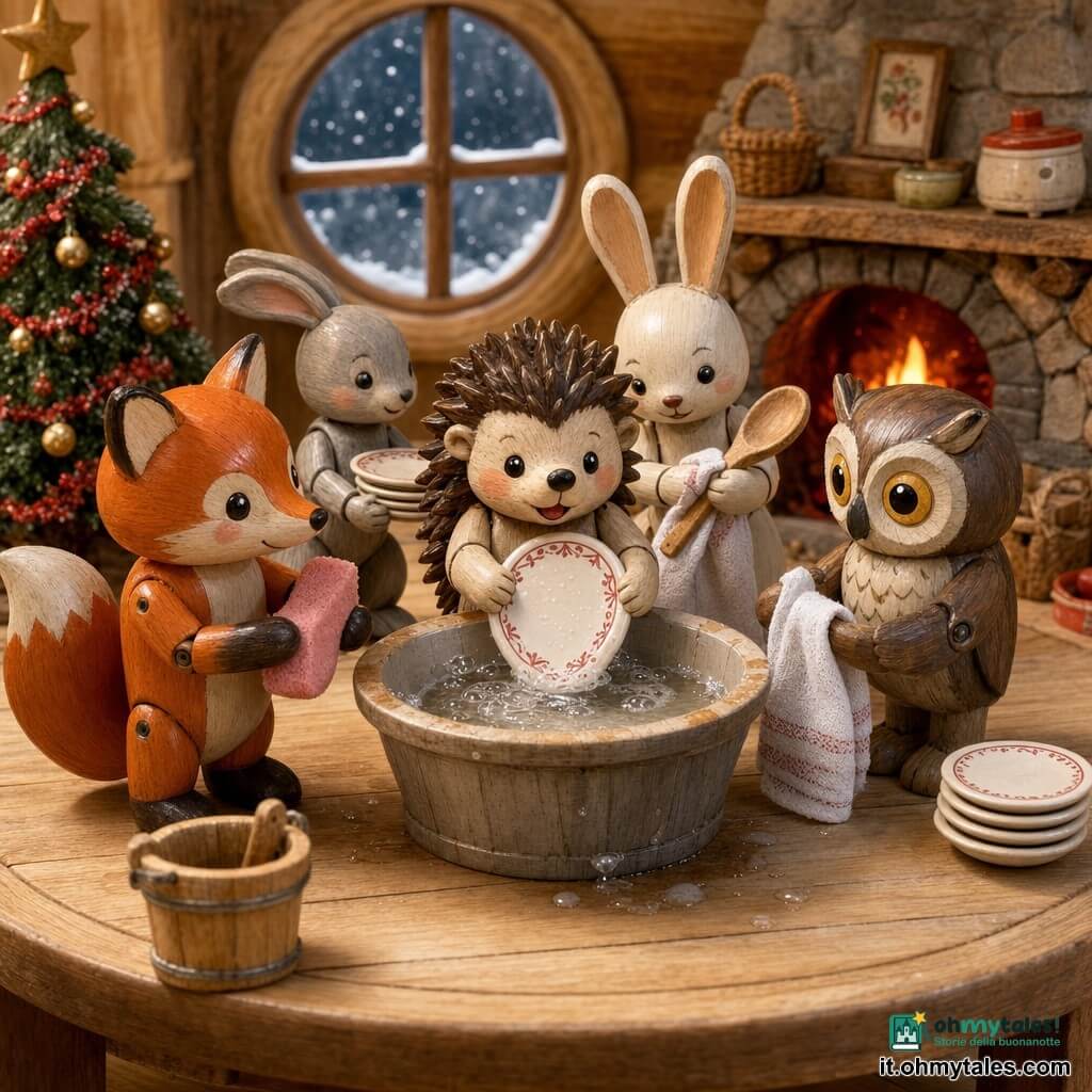 Un piccolo riccio di peluche in legno (protagonista), muso rotondo, aculei dipinti marrone e crema, occhi neri lucidi e sorriso concentrato, tiene un piccolo piatto di ceramica bianco con motivi rossi e lo immerge in una bacinella d’acqua tiepida; una volpe in legno dipinto (secondaria), mantello arancione e sguardo malizioso, a sinistra con una spugna rosa, un gufo in legno (secondario) con grandi occhi dorati e aria saggia tiene un canovaccio a destra, una lepre in legno con grandi orecchie bianche asciuga un mestolo dietro la bacinella e un coniglietto grigio in legno passa piatti puliti vicino all’albero di Natale. Interno di una casetta in legno calda: tavolo rotondo di pino, pavimento a doghe, camino di pietra con fuoco arancione, ghirlande rosse e palline dorate sull’alberello, finestra rotonda con neve che cade. Scena principale tenera e festiva: il piatto immerso riflette le luci rosse e dorate dell’albero, piccole spruzzate delicate, atmosfera luminosa, colori caldi e texture di legno dipinto, composizione centrata in stile diorama giocattolo accogliente.