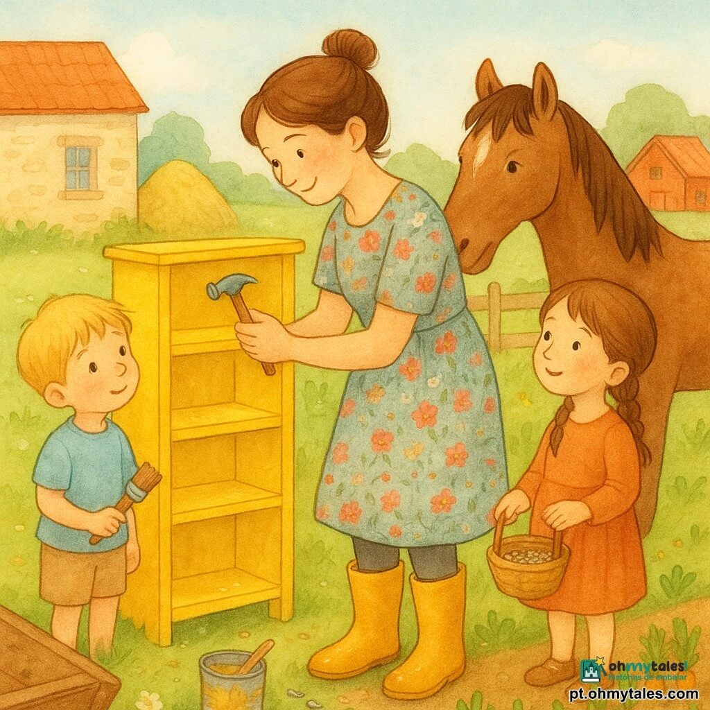Rosa, mulher sorridente e concentrada, cabelo castanho em coque, veste vestido florido e botas, lixa e martela uma velha palete de madeira para transformá‑la numa prateleira pintada amarelo vivo; ao redor respingos de tinta, lascas de madeira e vasinhos de sementes. À esquerda, um menino de ~6 anos, loiro, segura um pincel em pé num pequeno talude junto à horta; à direita, uma menina de ~5 anos, castanha de tranças, segura um cesto de sementes perto das fileiras de cenoura. Um cavalo castanho e brilhante encosta o focinho na perna de Rosa, calmo e amigável, ao fundo uma manhã ensolarada na fazenda: casa de pedra creme, galinheiro vermelho, relva com flores, fardos de feno e ferramentas. Cena centrada na transformação da palete, ambiente acolhedor e sereno; estilo aquarela texturada, cores pastel saturadas, sombras suaves e contornos com caneta gel branca para reflexos.