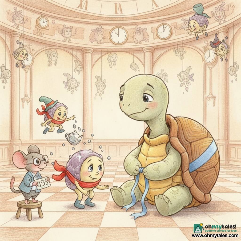 Toby, a gentle round turtle with a shiny shell and a blue stripe, sits tying a blue ribbon as a bespectacled mouse on a low chair to his left holds a numbered ticket; a personified minute with a red scarf bows nearby while another minute with a quirky hat stumbles in the background and a tipped teapot scatters tiny silver drops. The scene is a large round clocklike hall with small clocks and hanging minutes like flowers, a checkerboard floor of second-stepped stones, warm pastel pencil tones and visible strokes, a welcoming magical atmosphere, all facing Toby as he receives his "Rememberer" ribbon after solving a small paradox.