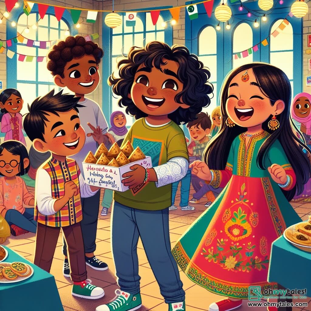 In the center of the image, an 11-year-old girl, Maya, with curly black hair, radiates joy. She wears a colorful t-shirt and jeans, smiling widely with sparkling eyes as she holds a decorated invitation for the cultural festival. Next to her, Amir, a 12-year-old boy of Pakistani descent with olive skin and brown hair, shows samosas to a group of children. He has a warm smile and wears a traditional shirt. Rosa, an 11-year-old girl of Hispanic descent with long, smooth hair, joyfully dances nearby in a colorful dress, laughing as she leads other children in her dance. The location is the "Unity House" community center, a bright building adorned with colorful murals representing cultures from around the world. Tables are set with various dishes, sparkling lanterns, and flags from different countries flutter in the air. The main scene shows Maya, Amir, and Rosa celebrating together at the cultural festival, surrounded by children of different backgrounds, all having fun, dancing, and sharing delicious food, creating an atmosphere of joy and unity.