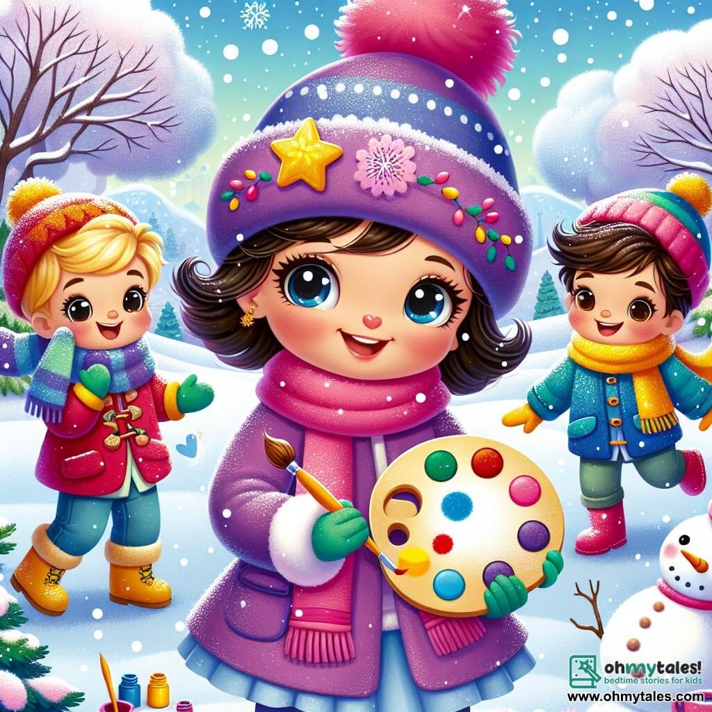 In a magical winter landscape, three children joyfully play in the snow. Lily, a 4-year-old girl with bright eyes and rosy cheeks, stands in the center holding a colorful paint palette and brush, ready to create her masterpiece. She wears a purple coat and a pink hat adorned with a star. To her right, Daniel, a 4-year-old boy with a big smile and messy brown hair, is having fun making a snowman. He is dressed in a blue jacket and a red scarf blowing in the wind. On the left, Mia, a 4-year-old girl with black curls and a bright smile, throws snowballs while laughing. She wears a bright yellow coat and green gloves. The setting is a charming winter park with majestic trees covered in sparkling snow, gentle snowflakes falling from the light blue sky, and a thick layer of pristine snow on the ground. The scene captures the moment when the children, filled with joy and creativity, prepare to paint their vision of winter while playing in the snow, embodying the spirit of friendship and imagination.