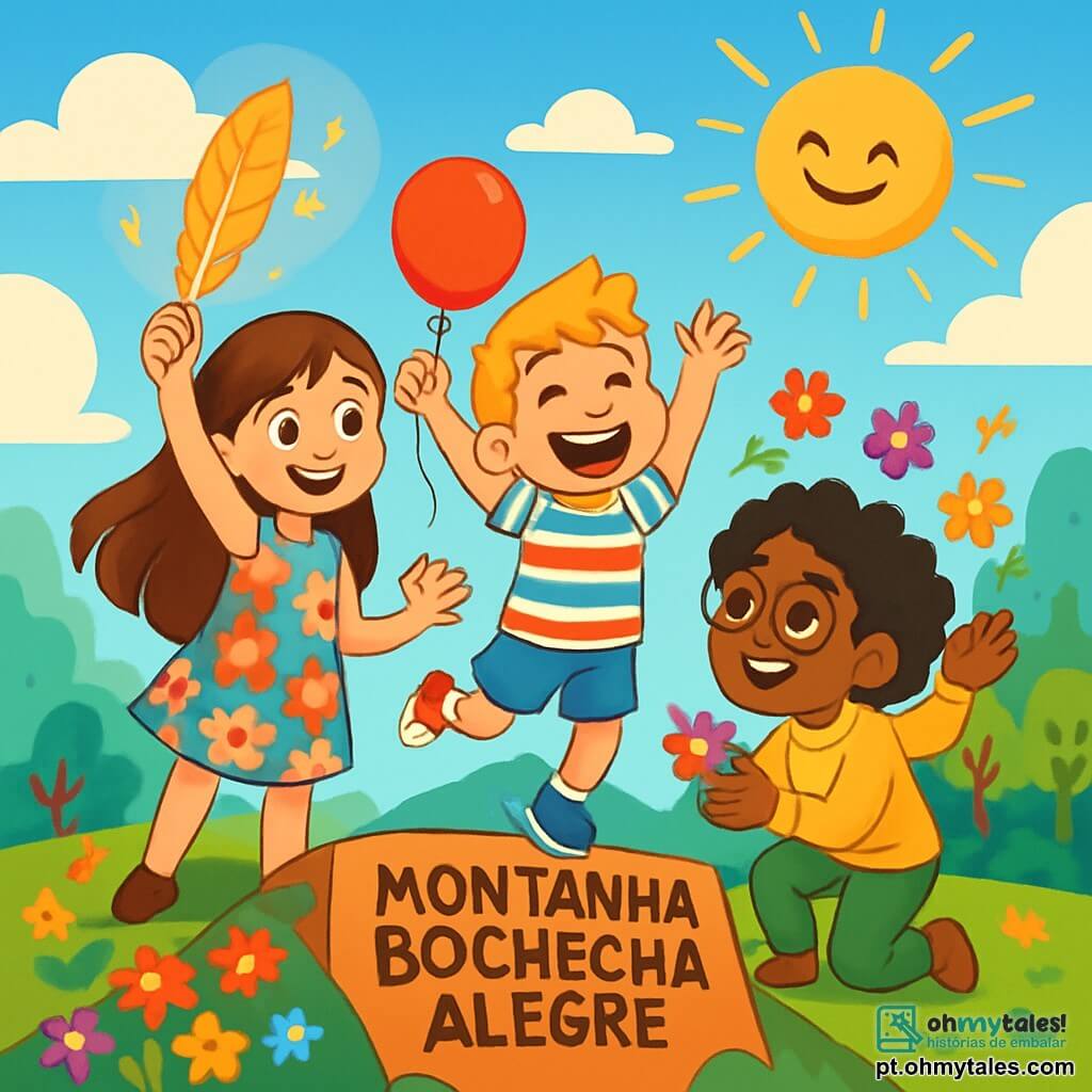 Há 3 personagens: Ana, uma menina de 9 anos, com cabelos longos e castanhos e olhos brilhantes. Ela usa um vestido colorido com flores e segura uma pena dourada que brilha em sua mão. João, um menino de 8 anos, com cabelo curto e loiro, veste uma camiseta listrada e um short azul. Ele está rindo, com os braços levantados, e um balão vermelho flutuando ao seu lado. Marta, uma menina de 9 anos, com cabelos cacheados e óculos redondos, usa um suéter amarelo e calças verdes. Ela está agachada, segurando uma dúzia de flores coloridas, pronta para lançá-las ao ar. Os três amigos estão no topo da Montanha Bochecha Alegre, cercados por colinas verdes e nuvens fofas. O céu é de um azul vibrante, e o sol brilha intensamente, iluminando a paisagem. Flores multicoloridas crescem ao redor deles, e ao longe, pode-se ver a Floresta Risonha com suas árvores de formas engraçadas. A cena principal mostra os amigos celebrando sua vitória após encontrar o Balão do Sorriso Infinito. Eles riem juntos, cercados de magia e alegria, prontos para compartilhar sua próxima aventura.
