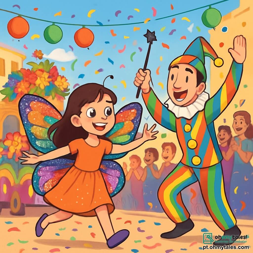 Uma menina de 12 anos, Clara, está no centro do palco, com olhos brilhantes de alegria e um largo sorriso no rosto. Ela usa um lindo traje de borboleta, com asas cintilantes em cores vibrantes do arco-íris, adornadas com lantejoulas que brilham ao sol. Clara dança com entusiasmo, seus cabelos castanhos esvoaçando atrás dela. Ao seu lado, Pierrot, um arlequim sorridente de cerca de 30 anos, veste um traje colorido listrado e um chapéu com pompons. Ele segura uma varinha mágica e levanta os braços para incentivar Clara a dançar. Ao fundo, o cenário é um carnaval vibrante, com carros decorados com flores de papel, confetes voando no ar e espectadores maravilhados aplaudindo e sorrindo. As ruas estão adornadas com lanternas coloridas que iluminam a cena. A situação principal mostra Clara e Pierrot em um momento de pura magia, enquanto dançam juntos no meio do carnaval, cercados por criaturas fantásticas e cores brilhantes, celebrando a alegria e a amizade em uma atmosfera festiva e encantada.