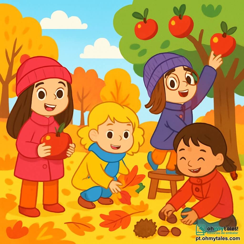Há 4 crianças: - Clara: uma menina de 8 anos, com cabelos longos e castanhos e olhos brilhantes. Ela usa um casaco rosa e um gorro combinando. Ela está à esquerda, sorridente, segurando uma grande maçã vermelha. - Sofia: uma menina de 7 anos, com cabelos loiros cacheados e bochechas rosadas. Ela usa um casaco amarelo e um cachecol azul. Ela está no centro, recolhendo folhas coloridas. - Mariana: uma menina de 8 anos, com cabelos castanhos e óculos redondos. Ela usa um casaco roxo e um gorro de lã. Ela está à direita, em cima de um pequeno banco, tentando pegar uma maçã de uma árvore. - Inês: uma menina de 6 anos, com cabelos curtos e tranças. Ela usa um casaco vermelho e botas pretas. Ela está de joelhos, perto do chão, recolhendo castanhas. O local é um jardim de outono vibrante, cheio de árvores com folhas amarelas, laranjas e vermelhas. O chão está coberto de folhas secas e ao fundo, uma macieira carregada de maçãs brilhantes se ergue sob um céu azul claro. A cena principal mostra as quatro meninas alegres, cercadas de frutas e cores de outono, colhendo maçãs e castanhas, rindo e se divertindo juntas, com sorrisos radiantes em seus rostos.