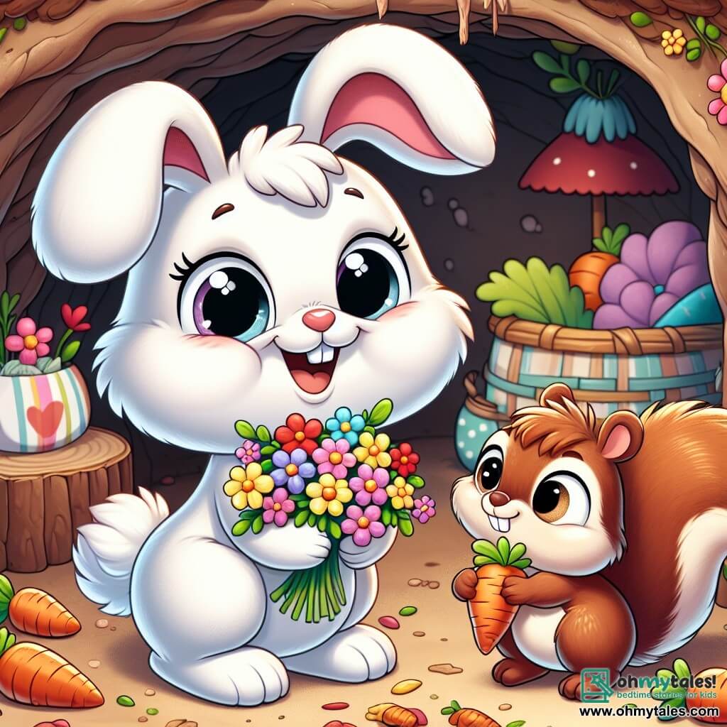An illustration depicts a small white rabbit with soft, fluffy fur, large floppy ears, and sparkling eyes, holding a bouquet of colorful flowers with a big smile, excited for Mother's Day. Next to him is a brown squirrel with a bushy tail and mischievous eyes, grinning widely while holding a carrot, showing his enthusiasm to help. They are in a cozy burrow interior with earthen walls, a floor covered in leaves and small flowers, and a corner decorated with colorful cushions and a small vase of fresh flowers. The main scene shows the rabbit and squirrel preparing a surprise for Mother's Day, with expressions of happiness and excitement. Other graphic elements include scattered carrots on the floor, a basket filled with vegetables nearby, and soft light filtering through the burrow entrance, creating a warm and joyful atmosphere.