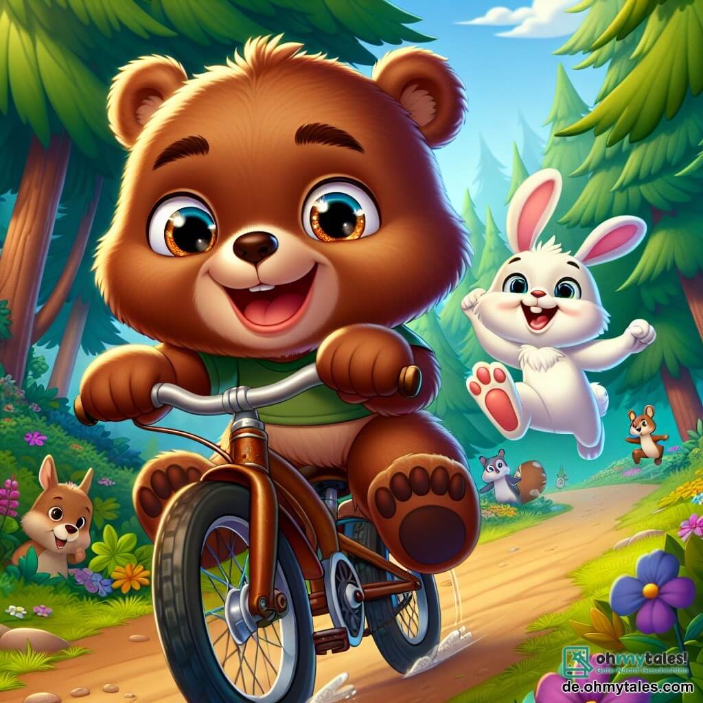 Ein kleiner brauner Bär namens Bruno, mit weichem Fell und funkelnden Augen, tritt begeistert in die Pedale seines alten, rostigen Fahrrads. Er lächelt breit und zeigt seine Freude und seinen Mut, während er einen Waldweg entlangfährt. Neben ihm springt ein kleiner weißer Hase namens Felix, mit großen Ohren und einem ermutigenden Ausdruck, fröhlich mit in die Luft gehobenen Pfoten und ruft aufmunternde Worte. Die Kulisse ist ein grüner Wald mit majestätischen Bäumen, bunten Blumen am Boden und einem blauen Himmel mit flauschigen weißen Wolken. In der Ferne sind neugierige Tiere wie Eichhörnchen und Vögel zu sehen, die die Szene interessiert betrachten. Die Hauptsituation zeigt Bruno und Felix im vollen Rennen, bereit, eine Herausforderung anzunehmen, mit spürbarer Aufregung in der Luft, die den Teamgeist und die Leidenschaft für den Sport symbolisiert.