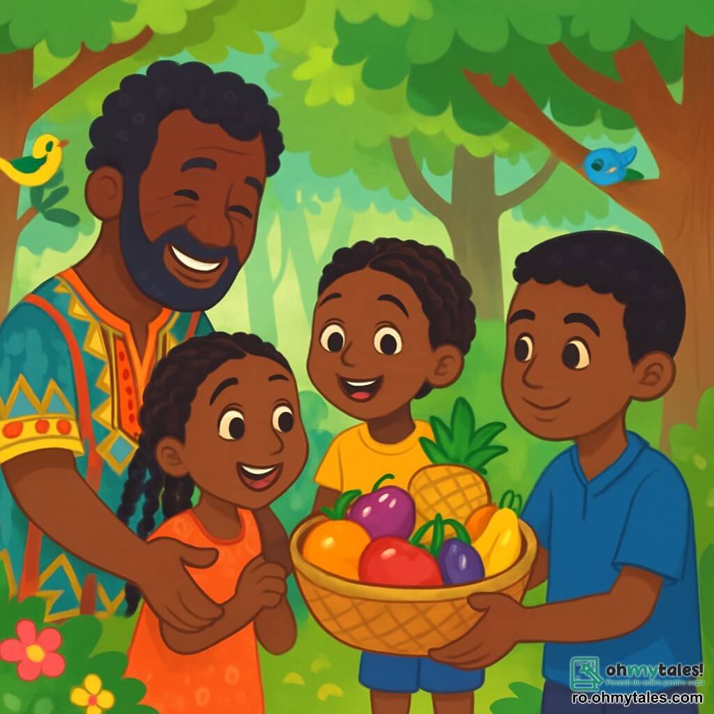 Kofi, un bărbat african de aproximativ patruzeci de ani, are pielea de o nuanță caldă și părul creț, purtând o tunică colorată cu motive tradiționale. Fața lui exprimă bunătate și un zâmbet cald, în timp ce întinde un coș plin de fructe strălucitoare și colorate. Lângă el, Amina, o fetiță de 10 ani cu părul împletit, poartă o rochie ușoară și veselă, admirând fructele cu ochii plini de bucurie. Tunde, un băiat de 8 ani, stă în spate, zâmbind larg și cu brațele deschise, pregătit să împărtășească fructele cu prietenii lor. Scena are loc într-o pădure verde, unde razele soarelui filtrează printre frunzele copacilor, creând umbre dansante pe pământ. Flori colorate și păsări cântătoare adaugă viață mediului. Kofi și copiii săi se adună în jurul lui Juma, un băiat de 12 ani, care îi privește cu recunoștință în timp ce le oferă fructe magice pentru a-l ajuta pe el și familia sa. Atmosfera este veselă și plină de speranță, simbolizând ajutorul reciproc și prietenia în comunitatea lor.
