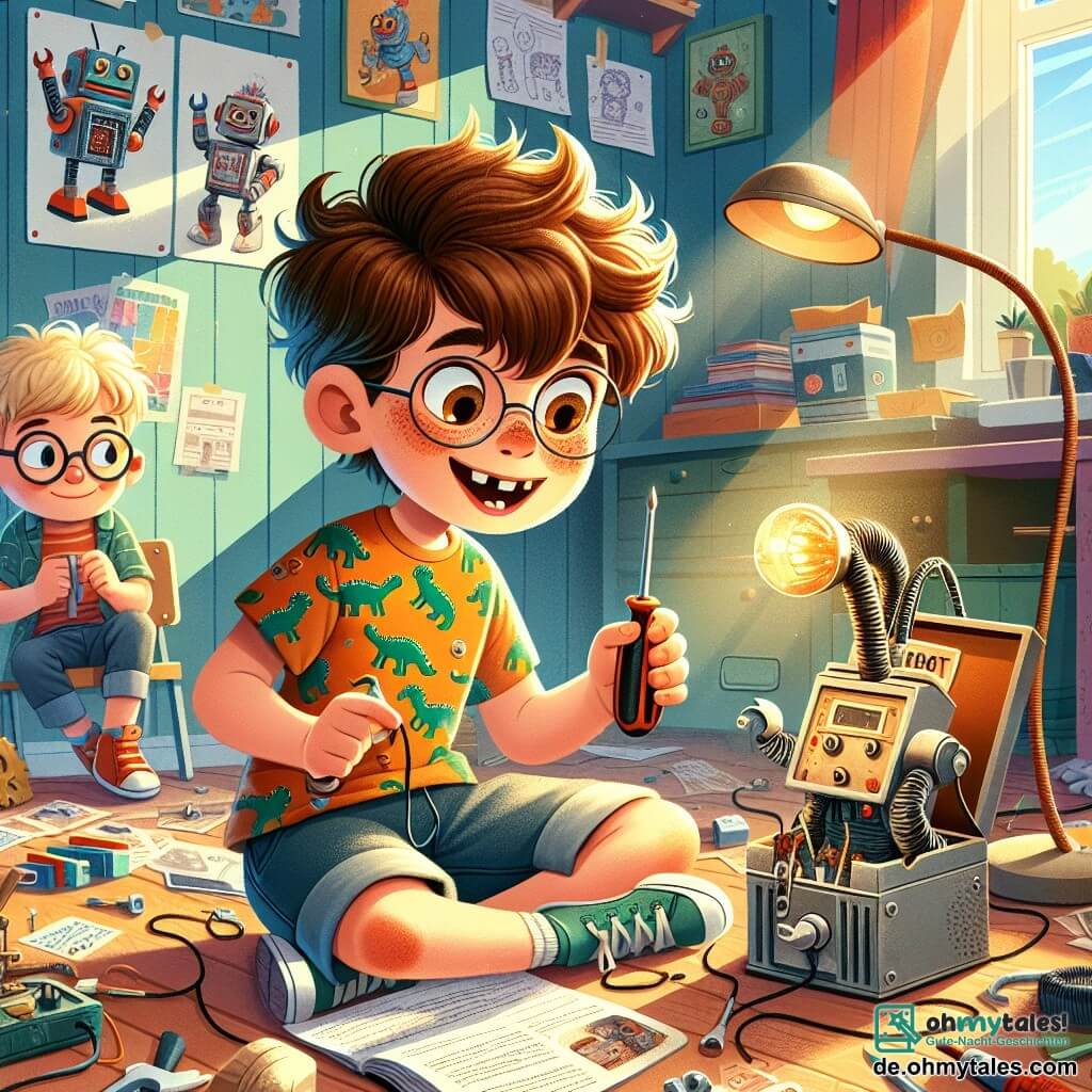 Ein 9-jähriger Junge, Emil, mit zerzausten braunen Haaren und neugierigen Augen, arbeitet begeistert an einem lustigen Projekt in seinem Zimmer. Er trägt ein buntes T-Shirt mit Dinosauriermotiven und eine Jeansshorts, während er einen Schraubendreher in einer Hand und ein altes Bastelbuch in der anderen hält, das Gesicht von Aufregung erleuchtet. Neben ihm beobachtet sein bester Freund Max, ebenfalls 9 Jahre alt, mit blonden Haaren und runden Brillen, schüchtern lächelnd und bereit, ihre Erfindung mit einem Plastikmikrofon zu testen. Das Zimmer ist voller Krimskrams: bunte Papiere, verstreute Werkzeuge, ein alter Staubsauger, der in eine Witzmaschine verwandelt wurde, und Robotermotive an den Wänden. Sonnenlicht strömt durch ein Fenster und taucht die Szene in einen sanften goldenen Schein. Die Hauptsituation zeigt Emil und Max bei ihrer kreativen Arbeit, umgeben von Materialien, konzentriert darauf, einen lustigen Staubsauger zu bauen, der Witze erzählt, was ihren Versuch symbolisiert, etwas wirklich Einzigartiges und Unterhaltsames zu erfinden.