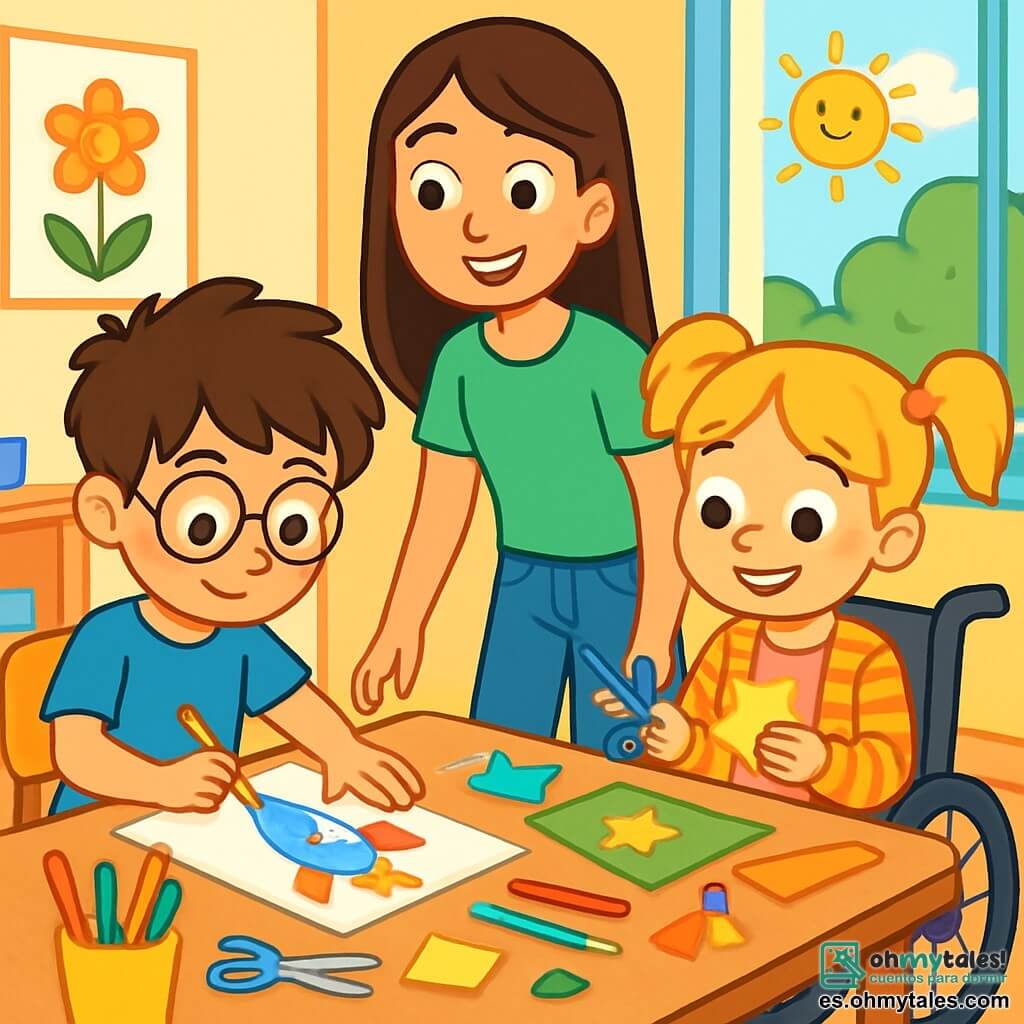 Hay 3 personajes: - Leo: Un niño de 7 años, con el cabello castaño desordenado y gafas redondas. Lleva una camiseta azul y un pantalón corto amarillo. Está sentado en una gran mesa, concentrado en un dibujo que hace con un lápiz. - Sara: Una niña de 7 años, con el cabello rubio atado en dos coletas. Está en una pequeña silla de ruedas, vestida con un vestido rosa y un chaleco de rayas. Sonríe mientras sostiene unas tijeras de colores, lista para recortar formas de papel. - Ana: La hermana mayor de Leo, de 12 años, con el cabello largo y liso, lleva una camiseta verde y jeans. Está de pie junto a la mesa, observando y ayudando a Leo y Sara con una sonrisa alentadora. La escena tiene lugar en un aula luminosa y colorida, con paredes decoradas con dibujos de niños y carteles educativos. Las mesas de madera están dispuestas en círculo, y en el centro hay una gran mesa llena de útiles escolares: lápices, tijeras, pegamento y papeles de colores. La luz del sol entra por la ventana, creando un ambiente alegre y acogedor. La situación principal muestra a Leo y Sara trabajando juntos en un proyecto, rodeados de material artístico. Leo dibuja un cohete en una hoja, mientras que Sara recorta estrellas de papel. Ana les ayuda explicando los pasos, y los tres ríen juntos, creando una atmósfera de amistad y colaboración.