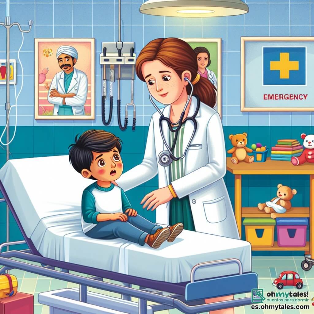 La doctora Clara es una mujer de unos treinta años, con el cabello castaño recogido en una coleta ordenada. Lleva una bata blanca impecable y un estetoscopio al cuello, mostrando una expresión de concentración y amabilidad mientras examina a un niño pequeño. Pablo, el niño de ocho años, tiene el cabello castaño y grandes ojos preocupados. Está acostado en una camilla, rodeado de sábanas blancas, con un ligero rubor en sus mejillas que indica que todavía está un poco asustado. Su madre, una mujer de unos cuarenta años, tiene el cabello negro y lleva un suéter azul. Se encuentra al lado de la camilla, con las manos apretadas, mirando a Clara con una expresión de alivio y esperanza. La escena transcurre en una sala de urgencias luminosa y acogedora de un hospital, con paredes pintadas en colores pastel y carteles educativos sobre salud en las paredes. Juguetes y libros están esparcidos sobre una mesa cercana, aportando un toque cálido al entorno médico. La situación principal muestra a Clara tranquilizando a Pablo, hablándole suavemente mientras usa su estetoscopio para escuchar su respiración. La atmósfera es a la vez seria y reconfortante, ilustrando la dedicación de Clara para ayudar a los niños necesitados.