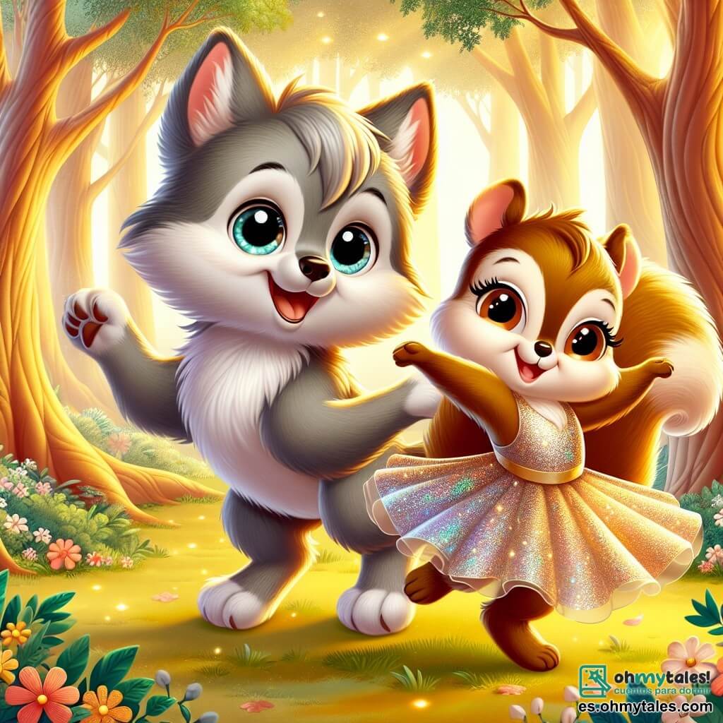 En el centro de la imagen, un pequeño lobo gris llamado Lupi, con ojos brillantes, expresa gran alegría y curiosidad. Su pelaje es suave y sedoso, y baila alegremente sobre sus patas traseras, con una gran sonrisa en su rostro. A su lado, una pequeña ardilla marrón llamada Susi, con una bonita sonrisa y un brillo de felicidad en sus ojos, lleva un hermoso vestido colorido que brilla como un arcoíris. Ella gira sobre sí misma, con sus pequeñas patas levantadas, pareciendo encantada de compartir este momento con Lupi. El escenario es un bosque encantado, bañado en luz dorada, con majestuosos árboles de troncos gruesos y hojas verdes brillantes. Flores coloridas salpican el suelo, añadiendo un toque de magia a la escena. La situación principal muestra a Lupi y Susi bailando juntos en una fiesta en el bosque, rodeados de otros animales que los miran con admiración, celebrando sus diferencias y su amistad.