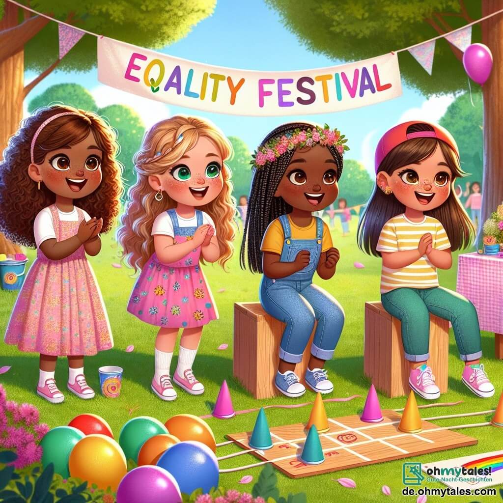 Vier Freundinnen, alle neun Jahre alt, stehen fröhlich in einem sonnigen Park. Mia hat lockige braune Haare und trägt ein rosa Kleid mit Blumenmustern. Sie lächelt breit und hält ein großes, buntes Schild, das das Festival der Gleichheit ankündigt. Leni hat geflochtene blonde Haare, trägt ein gelbes T-Shirt und eine Jeansshorts. Sie dekoriert einen Tisch mit bunten Ballons und verleiht der Veranstaltung einen Hauch von Magie. Sara hat glatte schwarze Haare, trägt eine blaue Bluse und grüne Hosen. Sie sitzt auf dem Gras, umgeben von Spielen, und erklärt einer Gruppe begeisterter Kinder die Regeln. Emma hat braune Haare und eine rote Kappe, sie trägt ein gestreiftes T-Shirt. Sie steht und applaudiert, während sie die Kinder anfeuert, die an einem Sackrennen teilnehmen. Der Park ist mit leuchtenden Blumen, majestätischen Bäumen und Kinderlachen gefüllt. Bunte Girlanden wehen in der Luft und schaffen eine festliche, fröhliche Atmosphäre. Die Hauptsituation zeigt die vier Freundinnen vereint, die die Gleichstellung der Geschlechter feiern, umgeben von vielen Kindern, die zusammen spielen und lachen, was den Geist von Einheit und Respekt veranschaulicht.