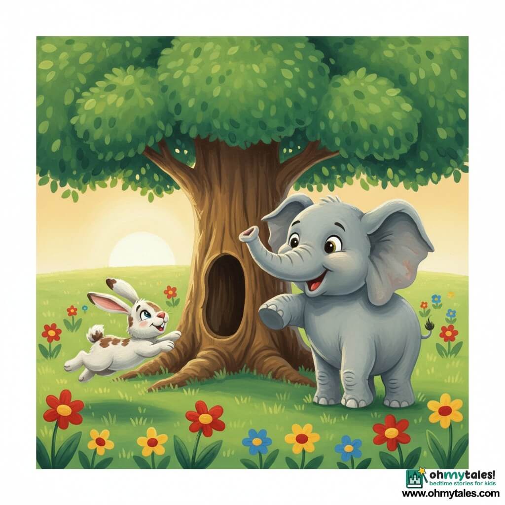 A light-gray elephant with slightly wrinkled skin and gentle brows beams with wide bright eyes and a round smile, raising a small foot and folding its large ears as if shouting "You found me!" to its left, a white rabbit with brown spots, a pink twitching nose, and a mischievous expression jumps from a tree trunk with its hind legs still in the air. The scene is a vivid green meadow dotted with oversized red, yellow, and blue flowers, a central brown-barked tree with round foliage, and a low warm sun casting golden light, capturing the freeze-frame of hide-and-seek with vivid colors and visible acrylic brushstrokes and crisp outlines.
