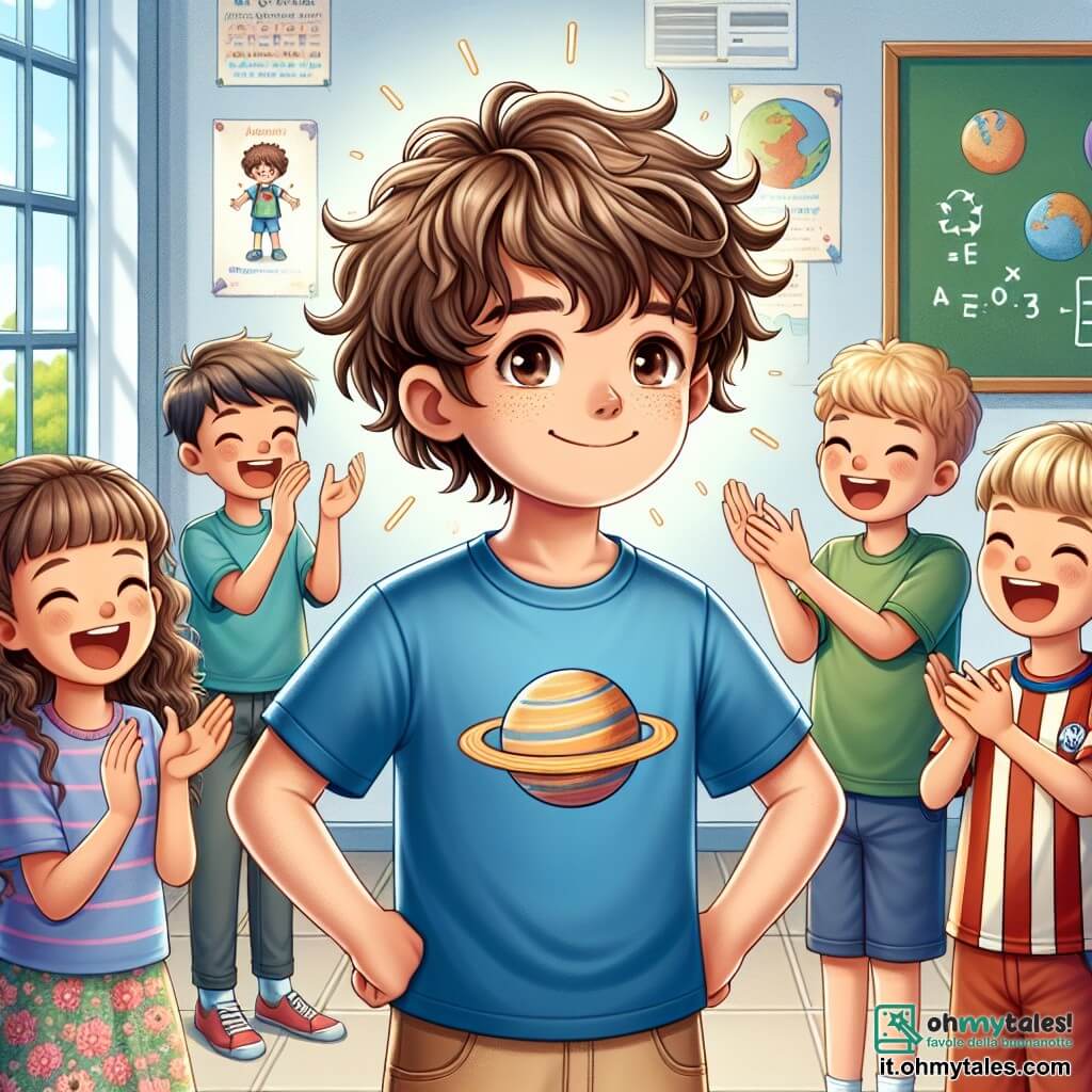 Un ragazzo di 11 anni, di nome Luca, si trova al centro dell'immagine, con un grande sorriso sul volto e gli occhi che brillano di gioia e orgoglio. Ha i capelli castani disordinati, indossa una t-shirt blu con un piccolo disegno di pianeta e pantaloni corti beige. È circondato dai compagni di classe, tutti applaudendo e sorridendo, celebrando la sua vittoria nella competizione di matematica. Alla sua destra, Marco, un altro ragazzo di 11 anni, ha i capelli biondi e indossa una maglietta di calcio rossa, alzando le braccia in segno di entusiasmo. Alla sua sinistra, Sofia, una ragazza di 10 anni con capelli lunghi e ricci, indossa un vestito a fiori, sorridendo e applaudendo, con gli occhi pieni di ammirazione per Luca. La scena si svolge in un'aula luminosa, con muri decorati da disegni di bambini e poster educativi, mentre la luce del sole illumina i volti gioiosi dei bambini. Luca, circondato dai suoi amici, ha appena vinto una competizione di matematica e tutti lo applaudono con entusiasmo.