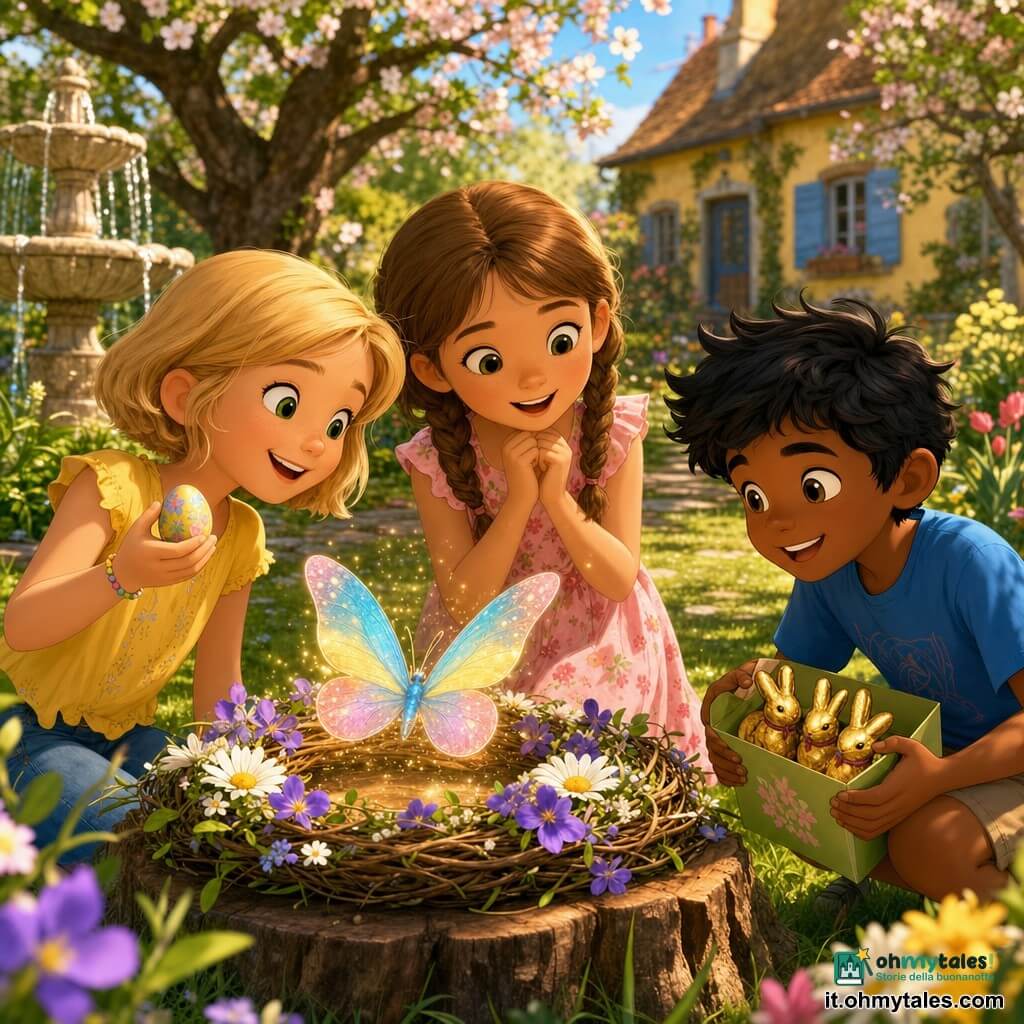 Una bambina di 8 anni, Sofia, raggiante e meravigliata, capelli castano chiaro in treccia, veste primaverile a fiori rosa, tiene una ghirlanda di rami con margherite e violette sullo stipite; accanto a sinistra Emma, 8 anni, sorridente e curiosa, capelli biondi corti, camicetta gialla, mostra un piccolo uovo dipinto; a destra Davide, 8 anni, eccitato e malizioso, capelli neri spettinati, maglietta blu, accovacciato con una scatola verde aperta con coniglietti di cioccolato dorati; giardino soleggiato di primavera con erba verde, vecchio melo in fiore sullo sfondo, fontana di pietra a sinistra e casetta gialla sfocata, la ghirlanda è al centro su una ceppaia illuminata da un raggio di sole dorato che fa scintillare petali e polvere d’oro; una grande farfalla azzurra, gialla e rosa esce dolcemente dal centro della ghirlanda con ali traslucide e glitter; atmosfera calda, colori saturi e contrastati, ombre morbide in cel-shading, espressioni leggibili e pose dinamiche dei bambini, piano medio centrato su ghirlanda e farfalla con lieve profondità di campo per mantenere dettagliato il giardino sullo sfondo.