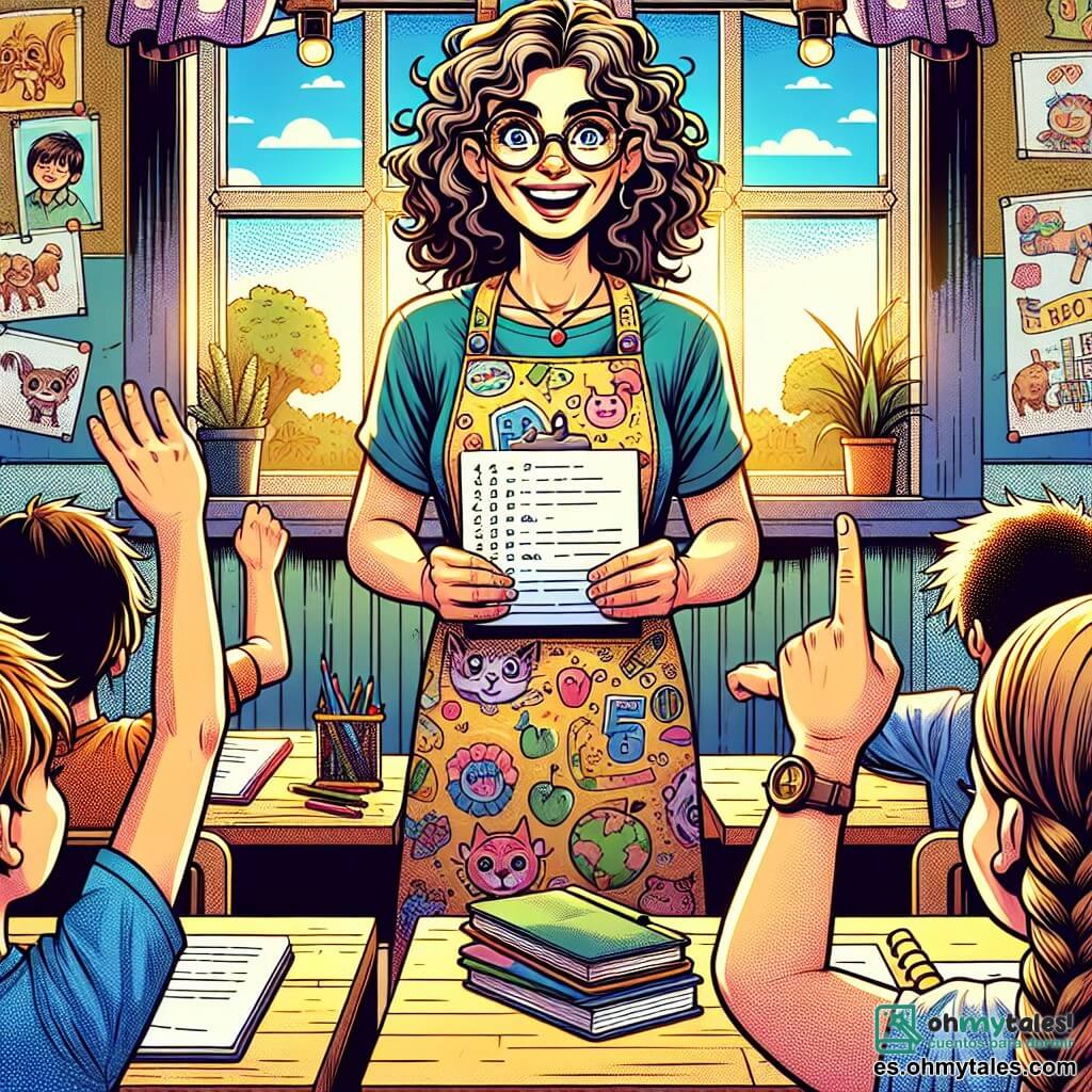 Una maestra sonriente, de unos cuarenta años, con cabello rizado castaño y gafas redondas, se encuentra en el centro sosteniendo una lista de útiles escolares. Lleva una blusa colorida adornada con dibujos de animales, y su rostro irradia entusiasmo y bondad. A su derecha, un niño llamado Pablo, de 10 años, con cabello rubio despeinado y una camiseta azul, levanta la mano con una gran sonrisa, ansioso por hacer una pregunta. A su izquierda, una niña llamada Alicia, también de 10 años, con cabello largo y trenzado, mira a la maestra con ojos brillantes de curiosidad, sosteniendo un pequeño cuaderno en sus manos. La escena se desarrolla en un aula luminosa, con paredes decoradas con dibujos de niños, carteles educativos coloridos y ventanas que dejan entrar la luz del sol. Los escritorios de madera están dispuestos en semicírculo, y hay una pizarra al frente llena de notas y dibujos. La situación principal muestra a la maestra explicando con entusiasmo a los niños que van a ir de excursión, mientras los alumnos, emocionados, conversan entre ellos e intercambian ideas sobre lo que van a descubrir.
